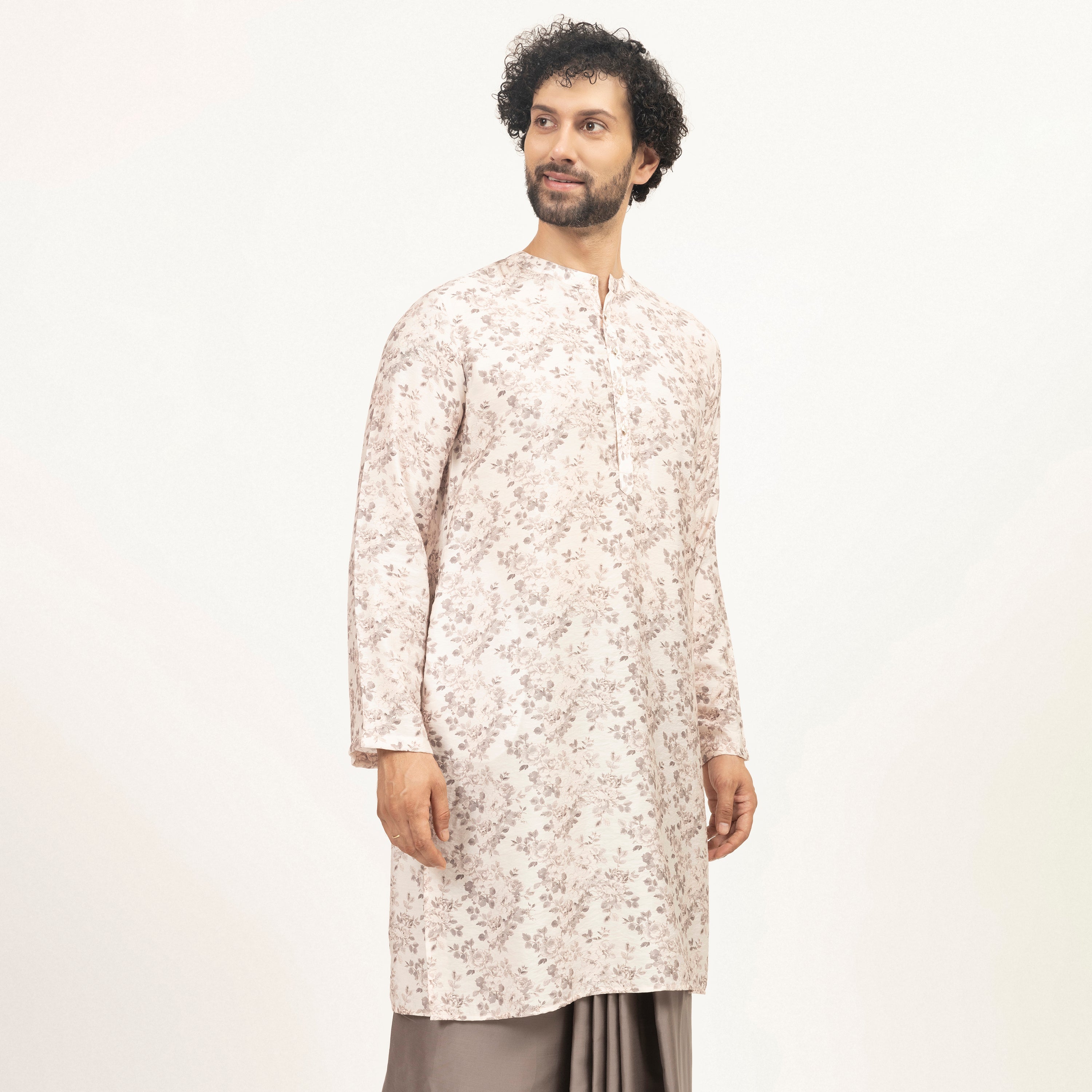 Off-White Floral Printed Kurta for Men-3