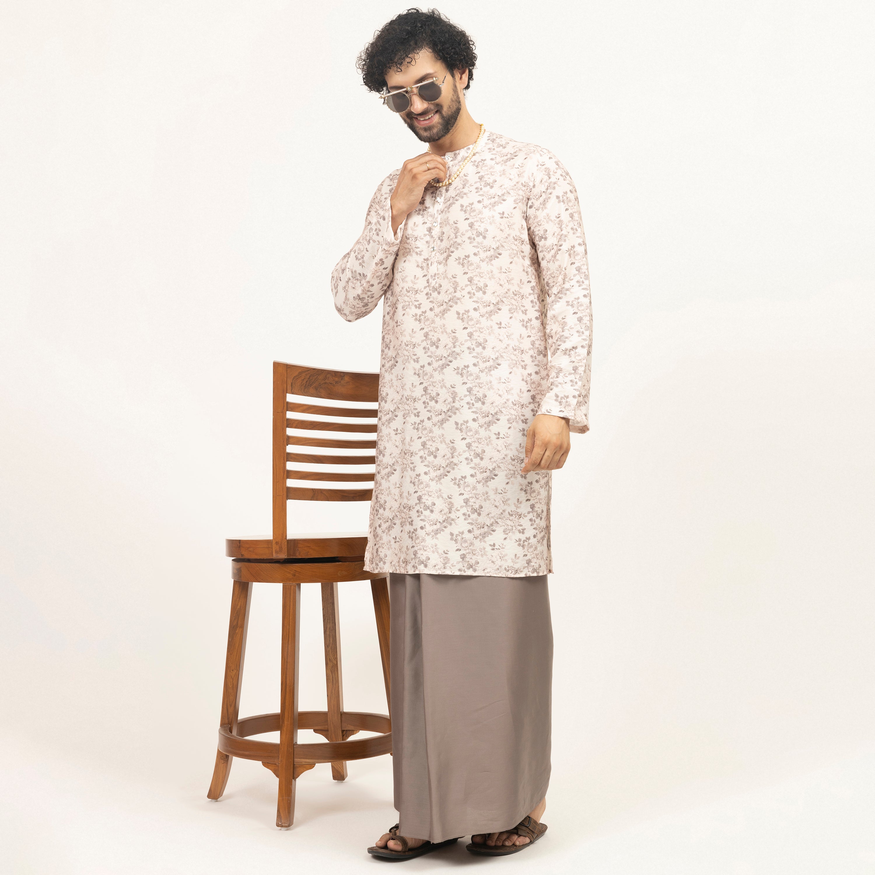 Off-White Floral Printed Kurta for Men-8