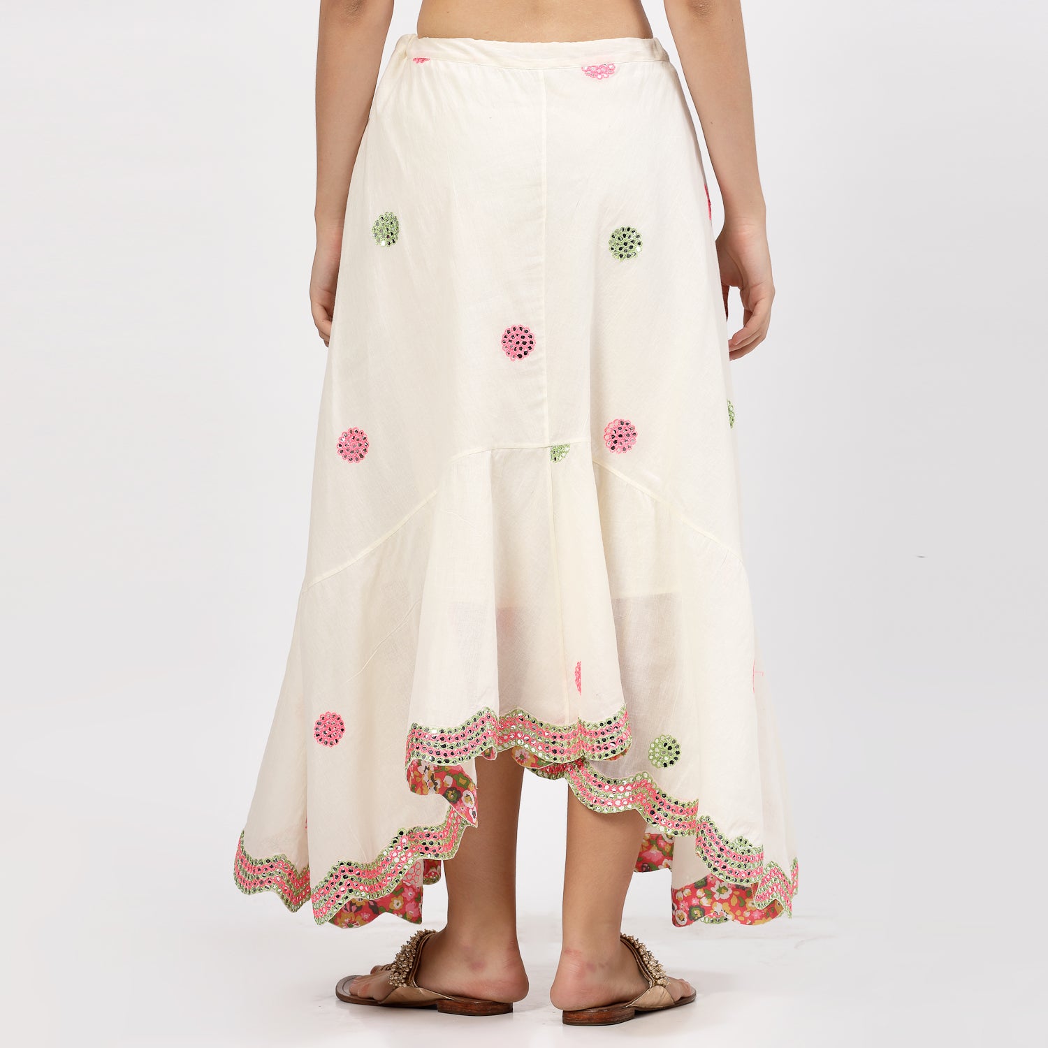 Off White Asymmetrical Skirt With Mirror Embroidery, skirts for women, long skirts for women, crop top and skirt, women in short skirts