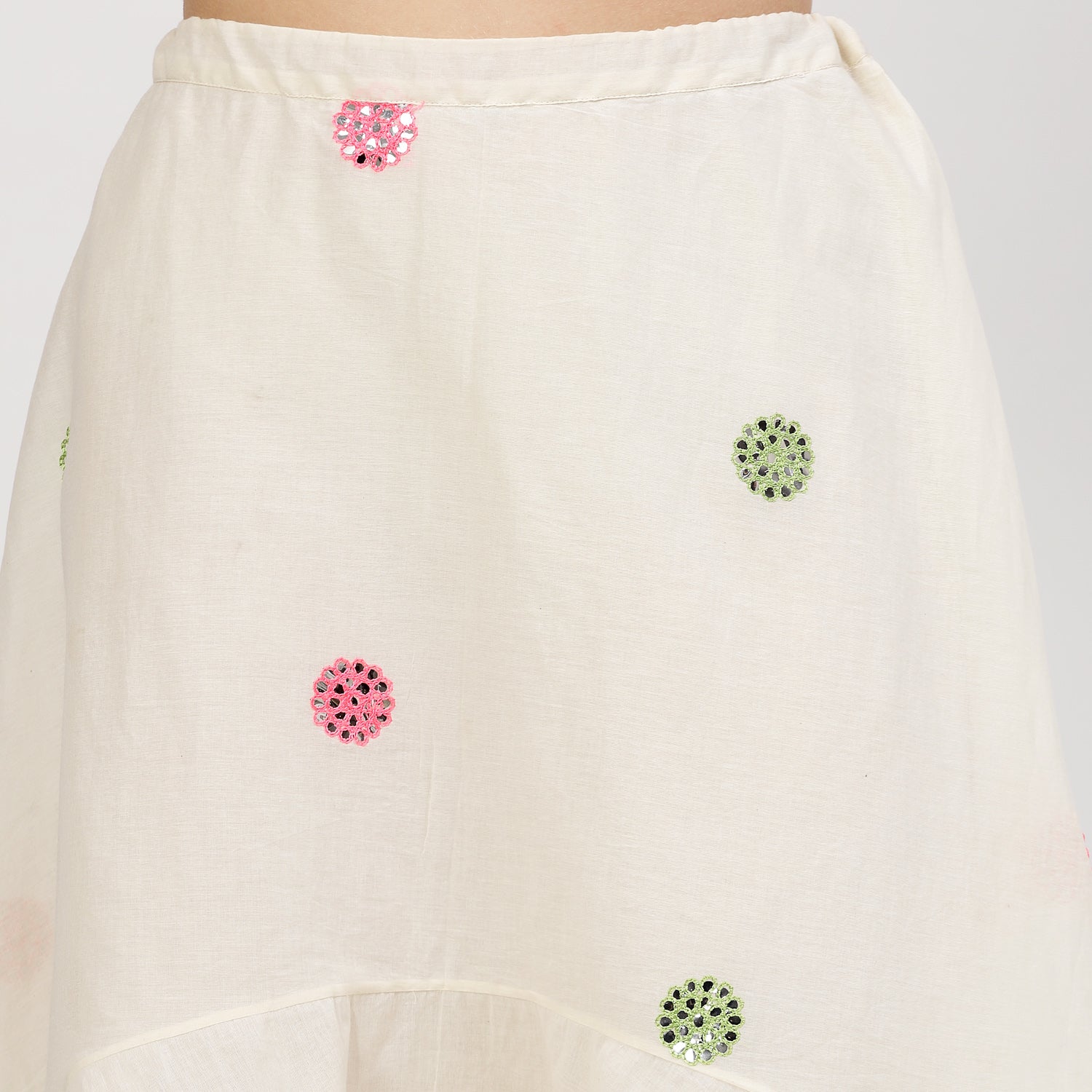 Off White Asymmetrical Skirt With Mirror Embroidery, skirts for women, long skirts for women, crop top and skirt, women in short skirts