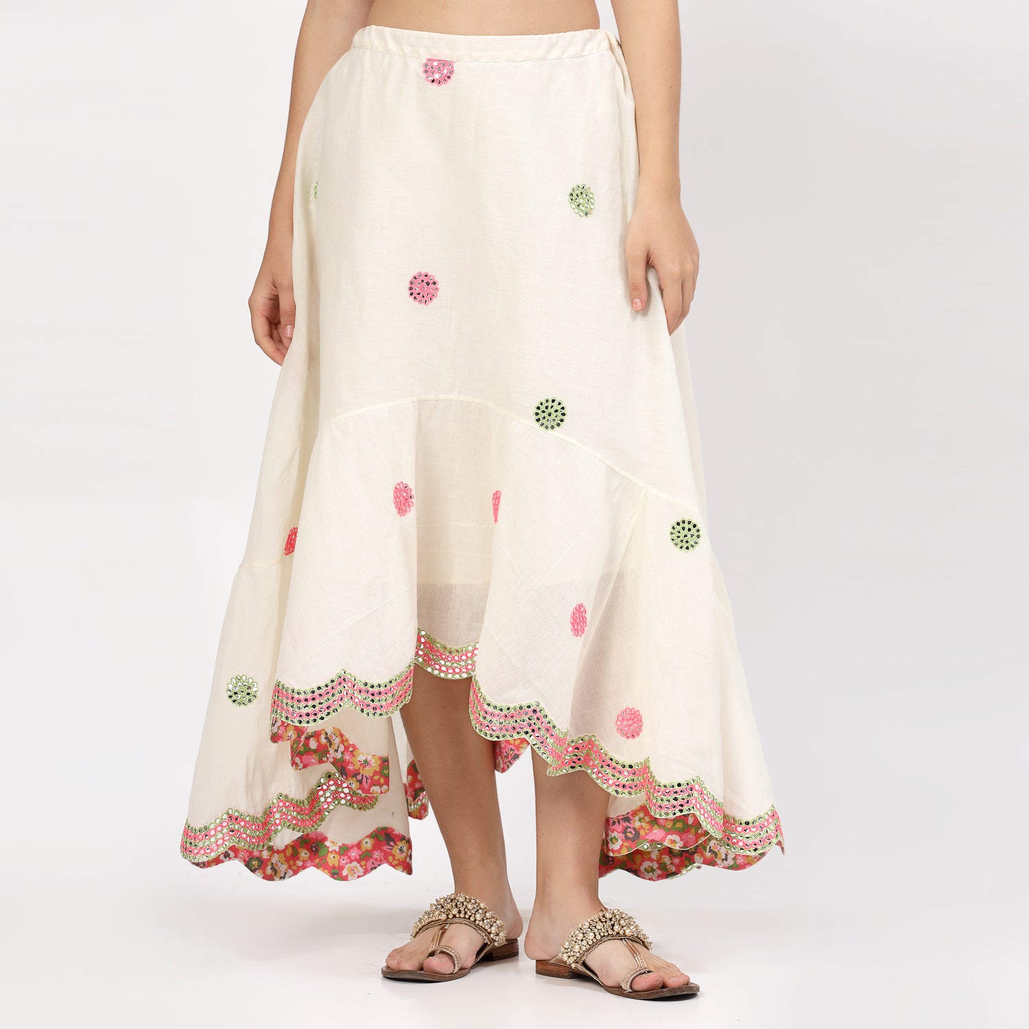 Off White Asymmetrical Skirt With Mirror Embroidery, skirts for women, long skirts for women, crop top and skirt, women in short skirts