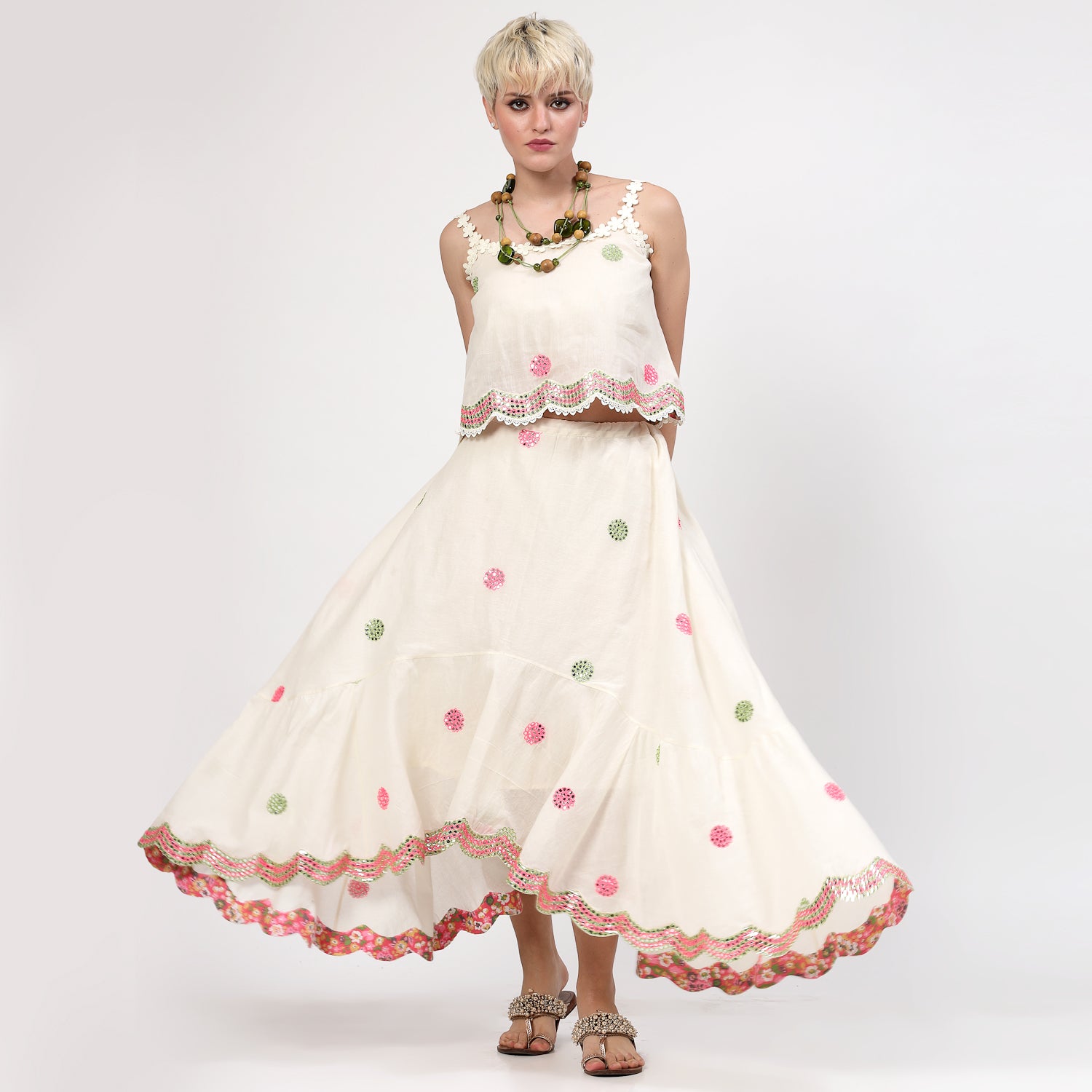 Off White Asymmetrical Skirt With Mirror Embroidery, skirts for women, long skirts for women, crop top and skirt, women in short skirts