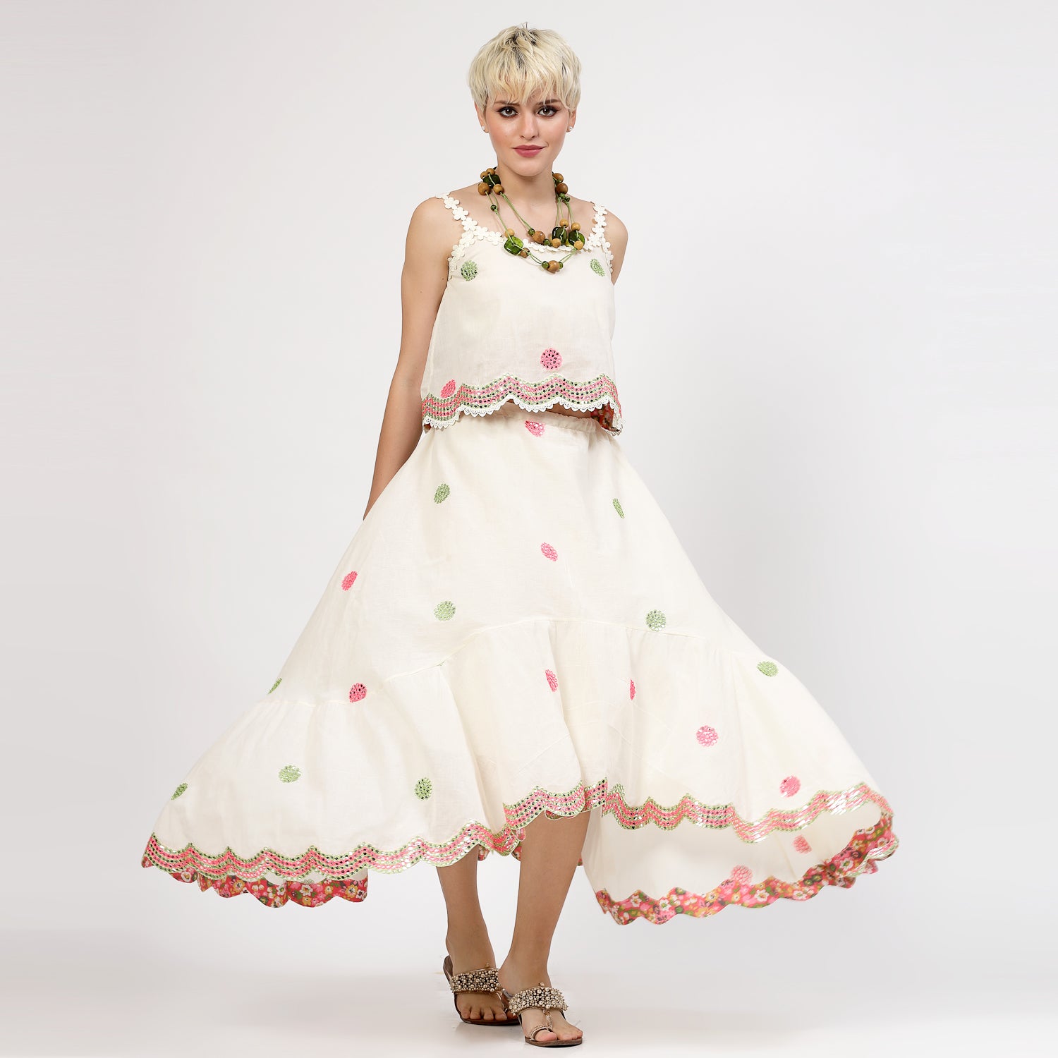 Off White Asymmetrical Skirt With Mirror Embroidery, skirts for women, long skirts for women, crop top and skirt, women in short skirts