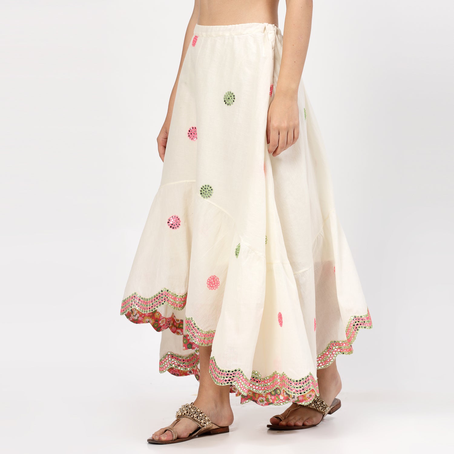 Off White Asymmetrical Skirt With Mirror Embroidery, skirts for women, long skirts for women, crop top and skirt, women in short skirts