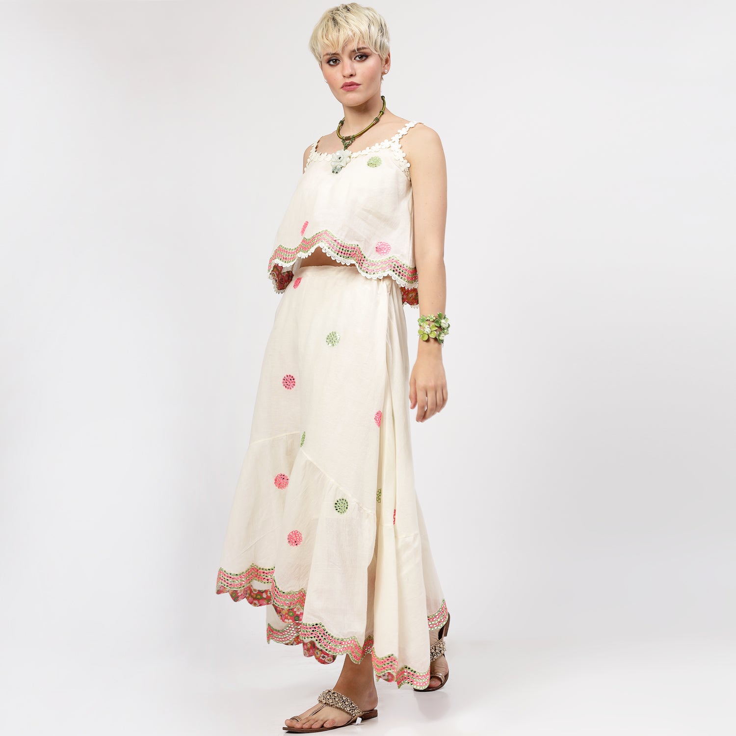 Off White Asymmetrical Skirt With Mirror Embroidery, skirts for women, long skirts for women, crop top and skirt, women in short skirts