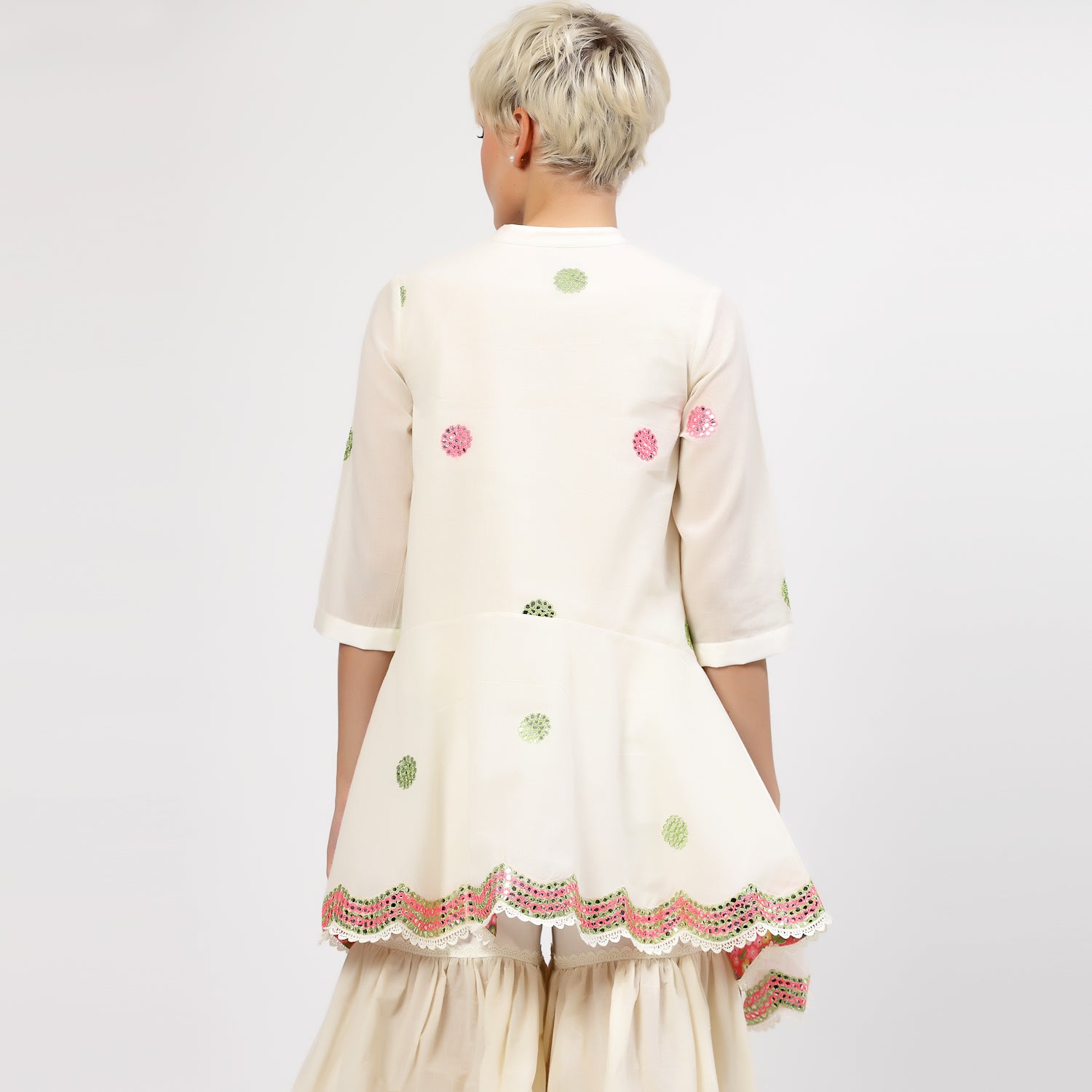 Off White Cotton Asymmetrical Top With Mirror Embroidery, tops for women, crop top, crop tops for women, organza tops
