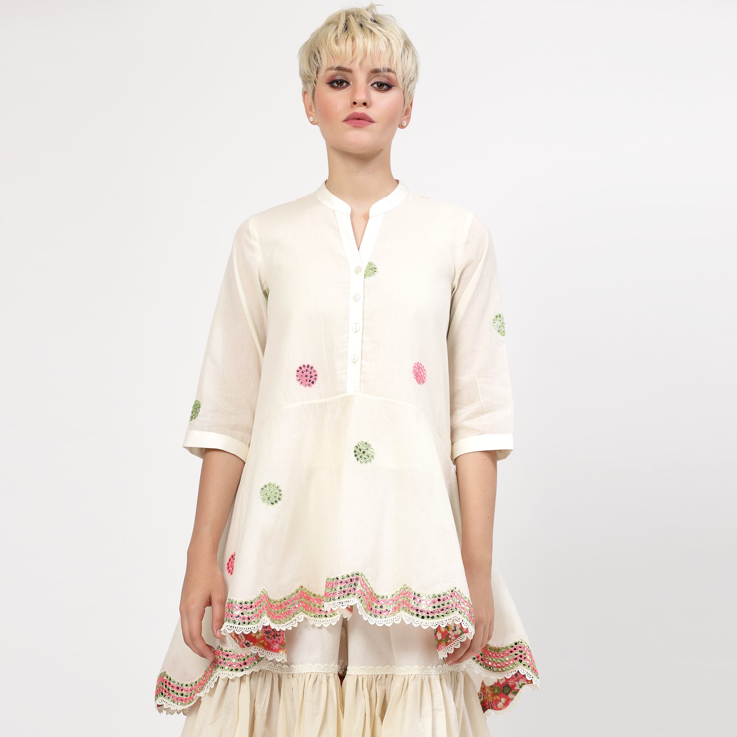 Off White Cotton Asymmetrical Top With Mirror Embroidery, tops for women, crop top, crop tops for women, organza tops