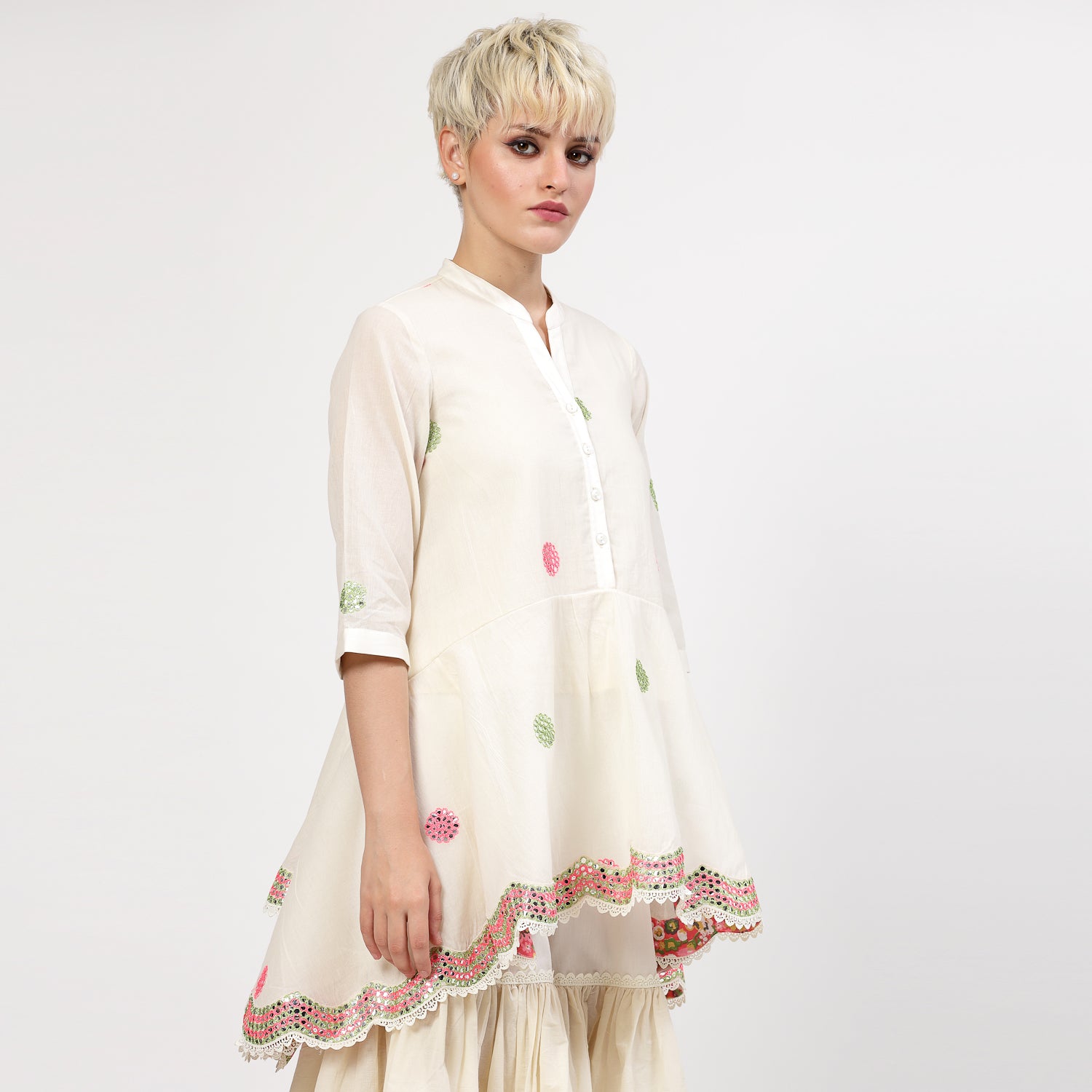 Off White Cotton Asymmetrical Top With Mirror Embroidery, tops for women, crop top, crop tops for women, organza tops