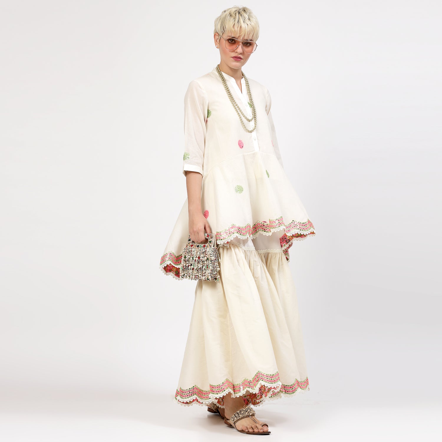 Off White Cotton Asymmetrical Top With Mirror Embroidery, tops for women, crop top, crop tops for women, organza tops