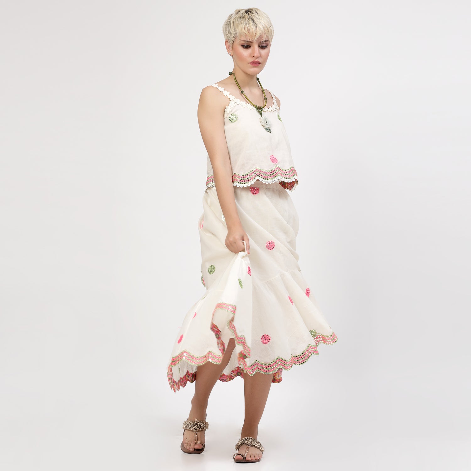 Off White Cotton Crop Top With Mirror Embroidery, tops for women, crop top, crop tops for women, organza tops