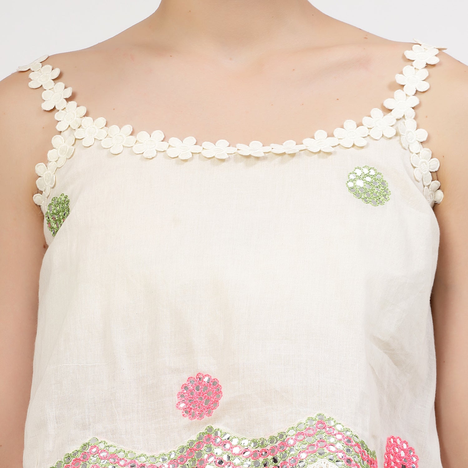Off White Cotton Crop Top With Mirror Embroidery, tops for women, crop top, crop tops for women, organza tops