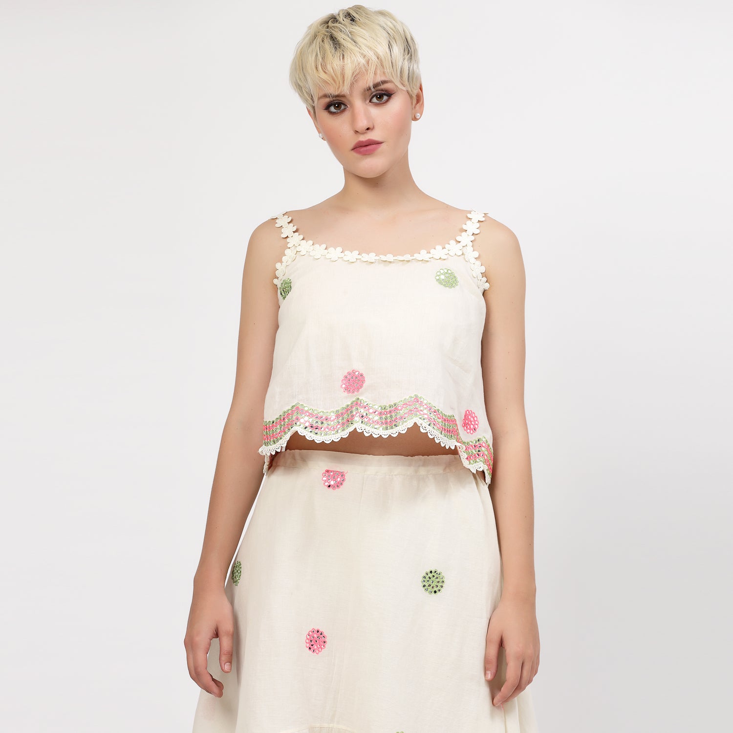 Off White Cotton Crop Top With Mirror Embroidery, tops for women, crop top, crop tops for women, organza tops