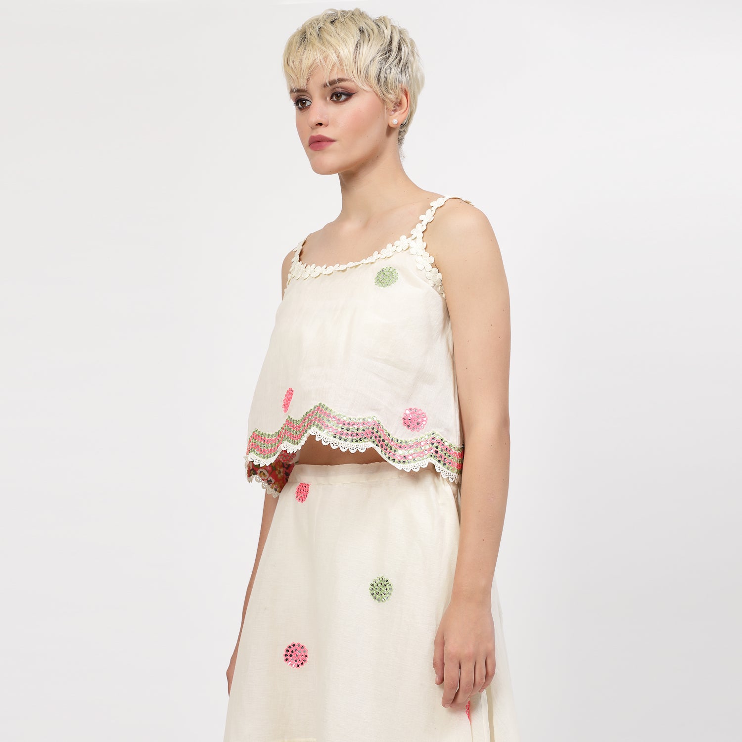 Off White Cotton Crop Top With Mirror Embroidery, tops for women, crop top, crop tops for women, organza tops