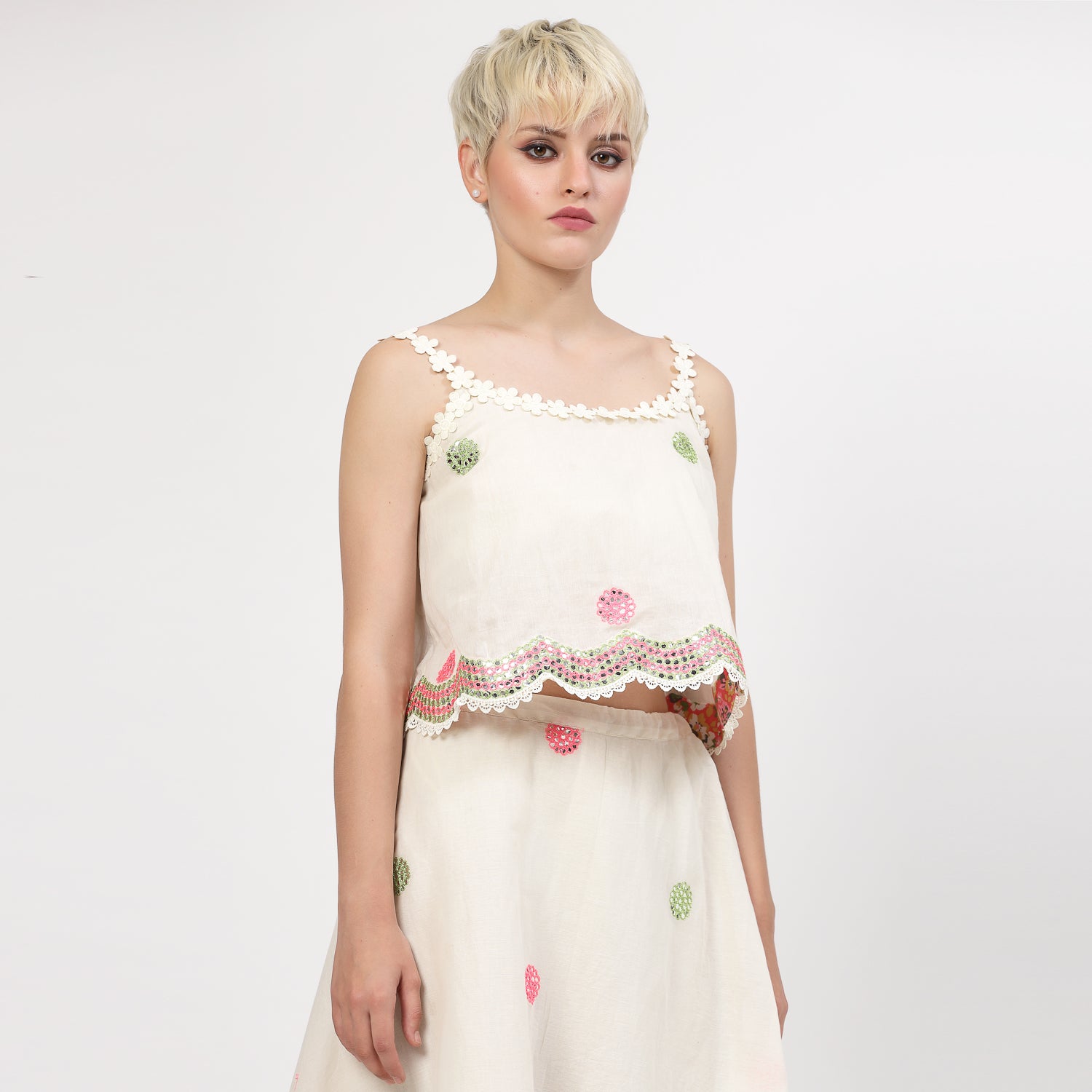 Off White Cotton Crop Top With Mirror Embroidery, tops for women, crop top, crop tops for women, organza tops