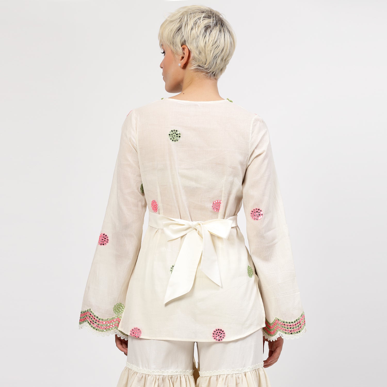 Off White Cotton Mirror Embroidery Top With Flower Net Lace At Yoke, tops for women, crop top, crop tops for women, organza tops