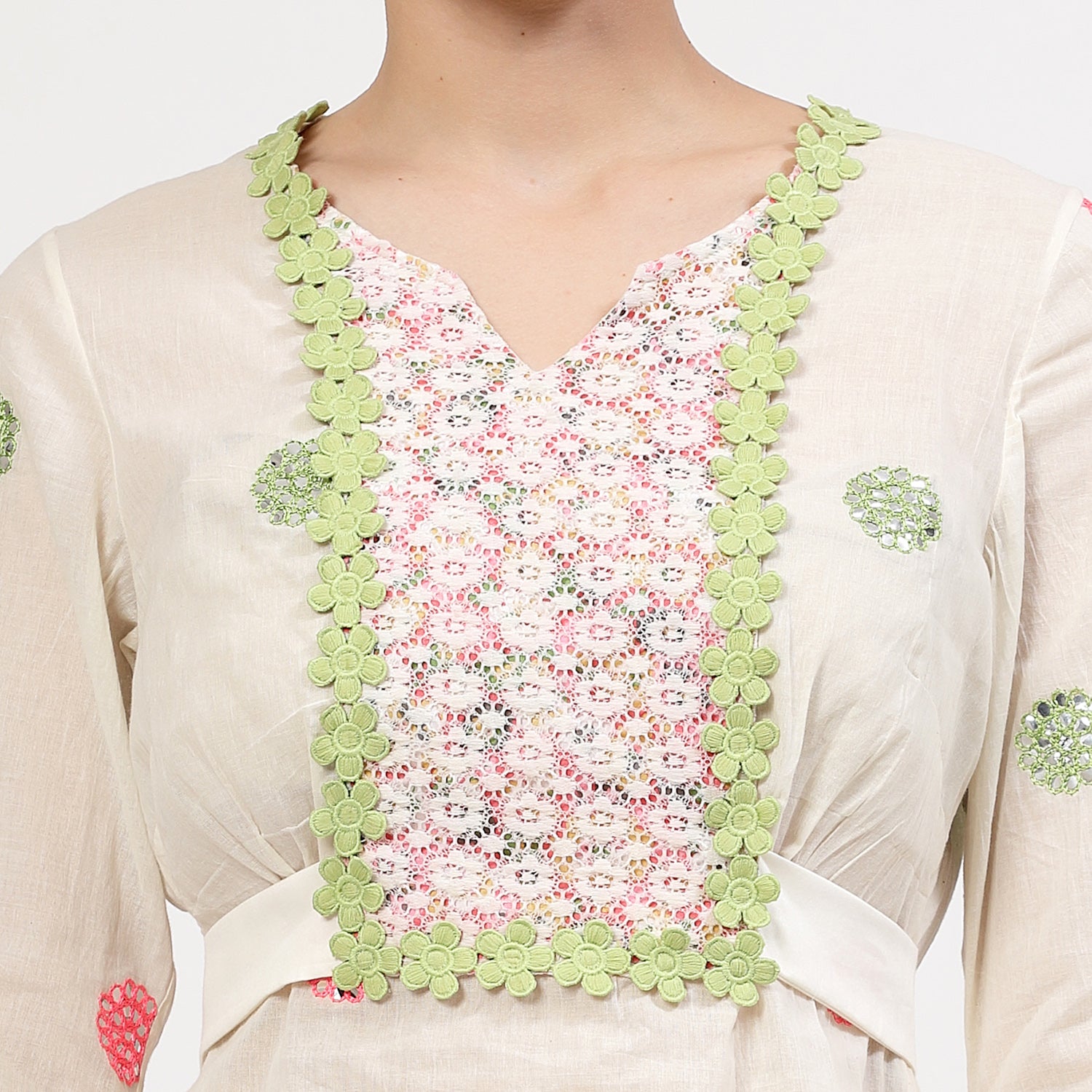 Off White Cotton Mirror Embroidery Top With Flower Net Lace At Yoke, tops for women, crop top, crop tops for women, organza tops