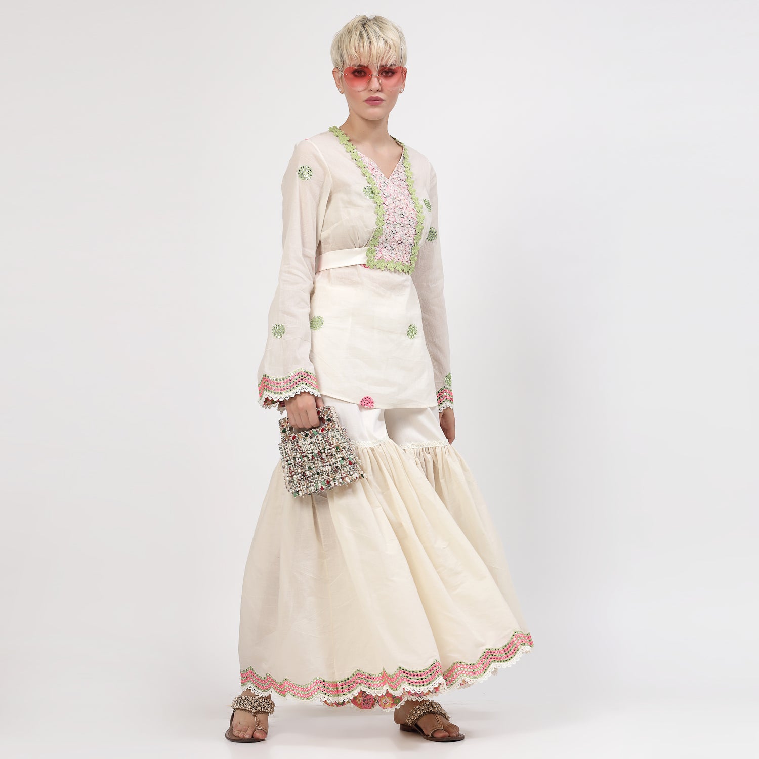 Off White Cotton Mirror Embroidery Top With Flower Net Lace At Yoke, tops for women, crop top, crop tops for women, organza tops