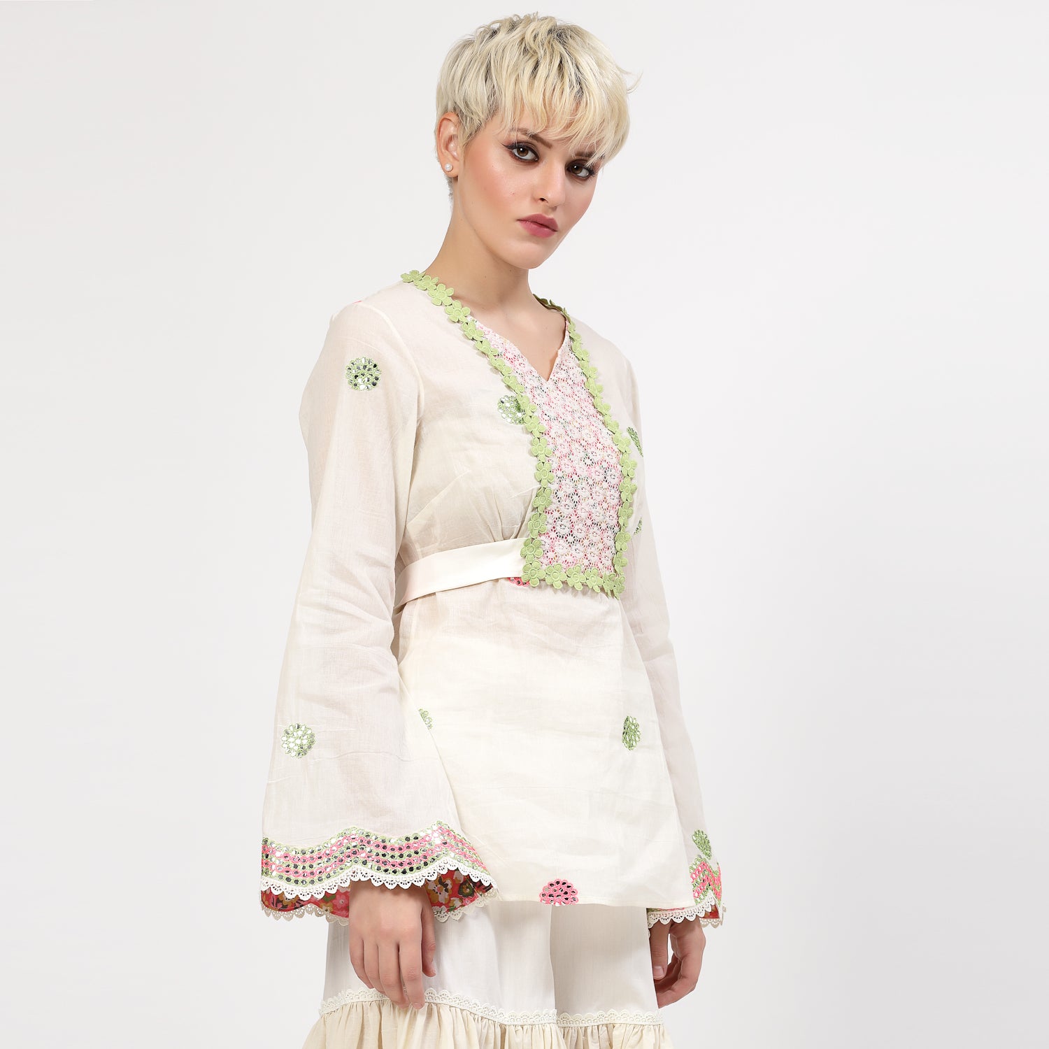 Off White Cotton Mirror Embroidery Top With Flower Net Lace At Yoke, tops for women, crop top, crop tops for women, organza tops