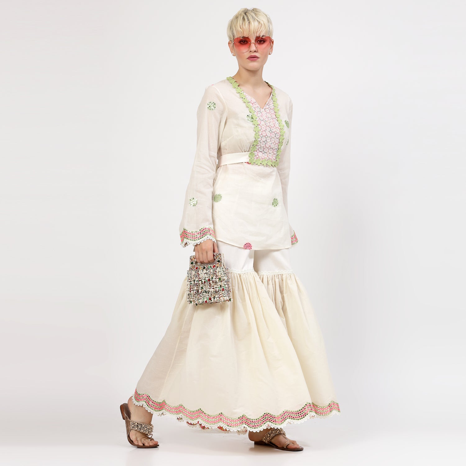Off White Cotton Mirror Embroidery Top With Flower Net Lace At Yoke, tops for women, crop top, crop tops for women, organza tops