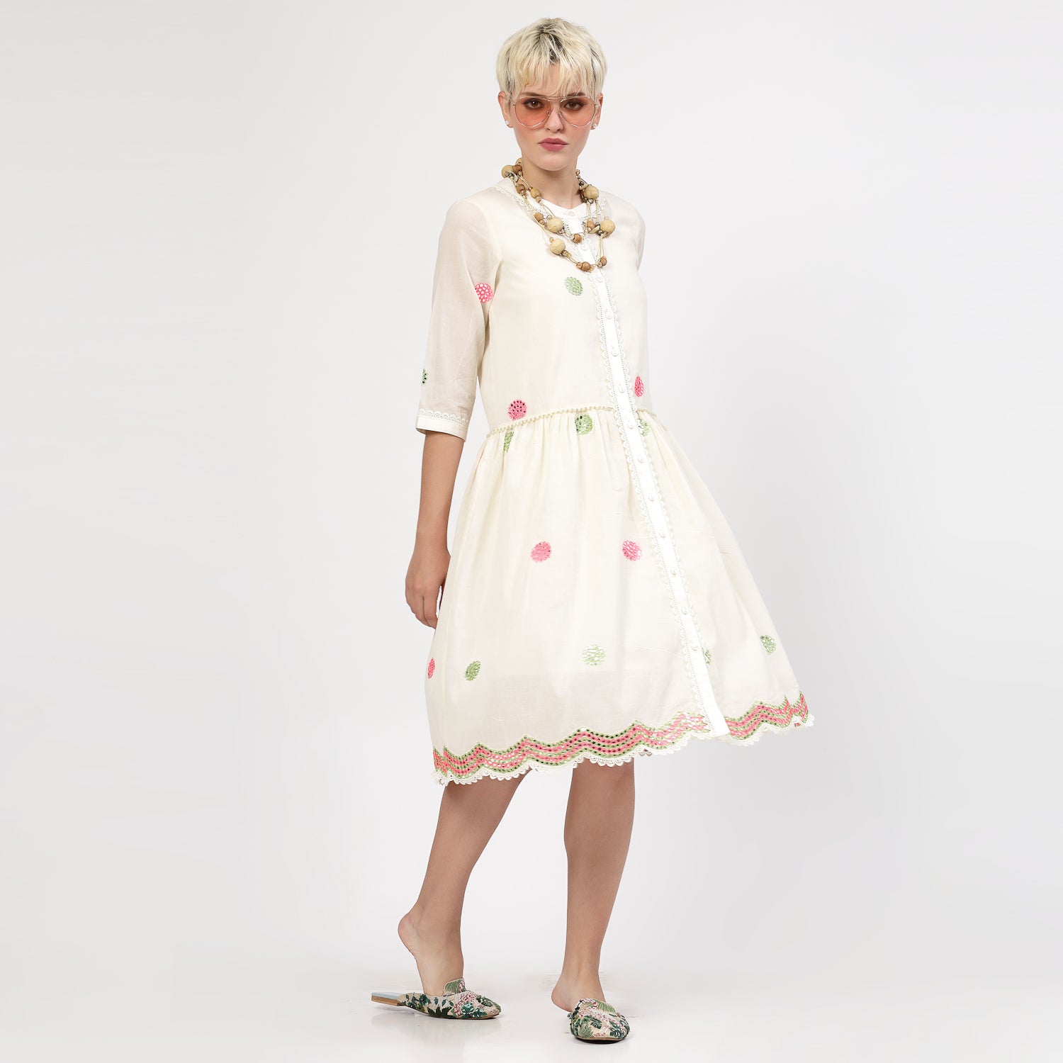 Off-white Dresses for Women with Mirror Embroidery
