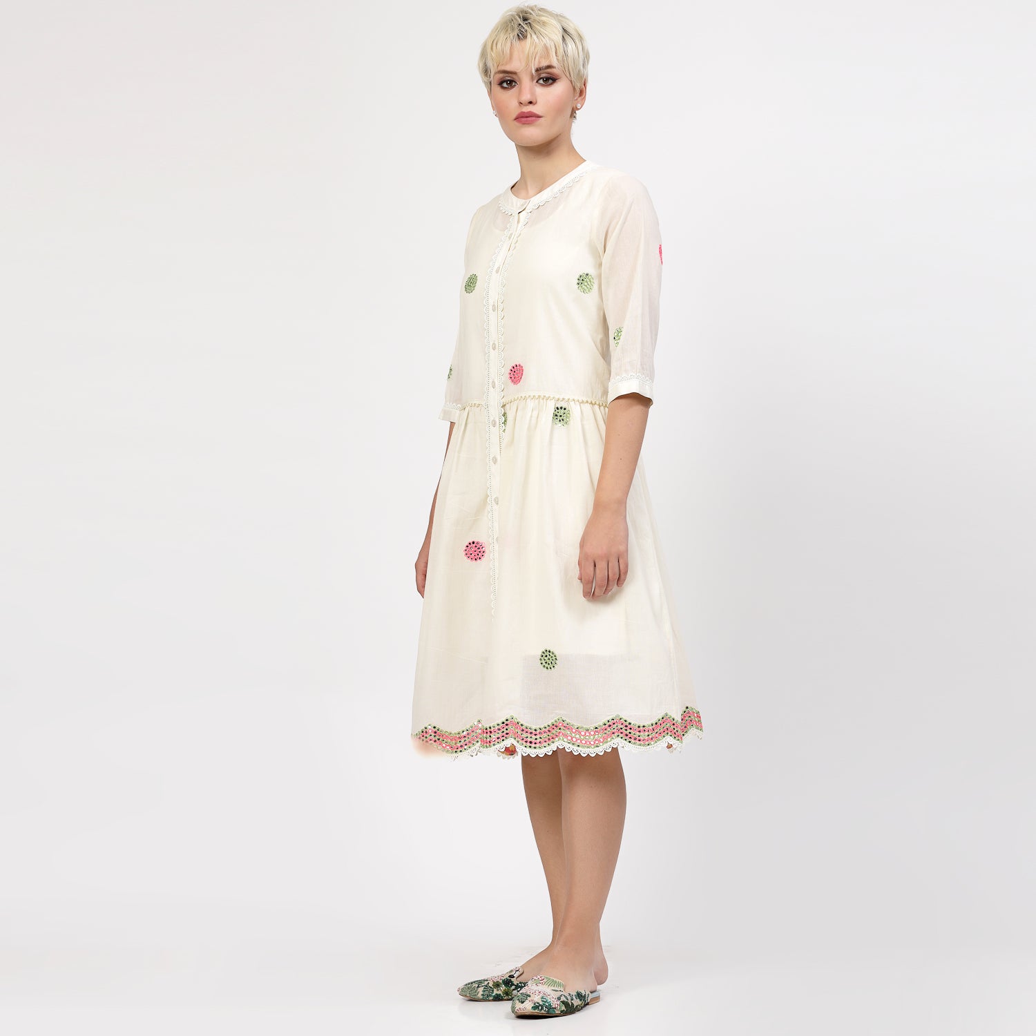 Off White Dress With Mirror Embroidery, Mesh Dress , Party dress , Holographic print dress , sequins dress