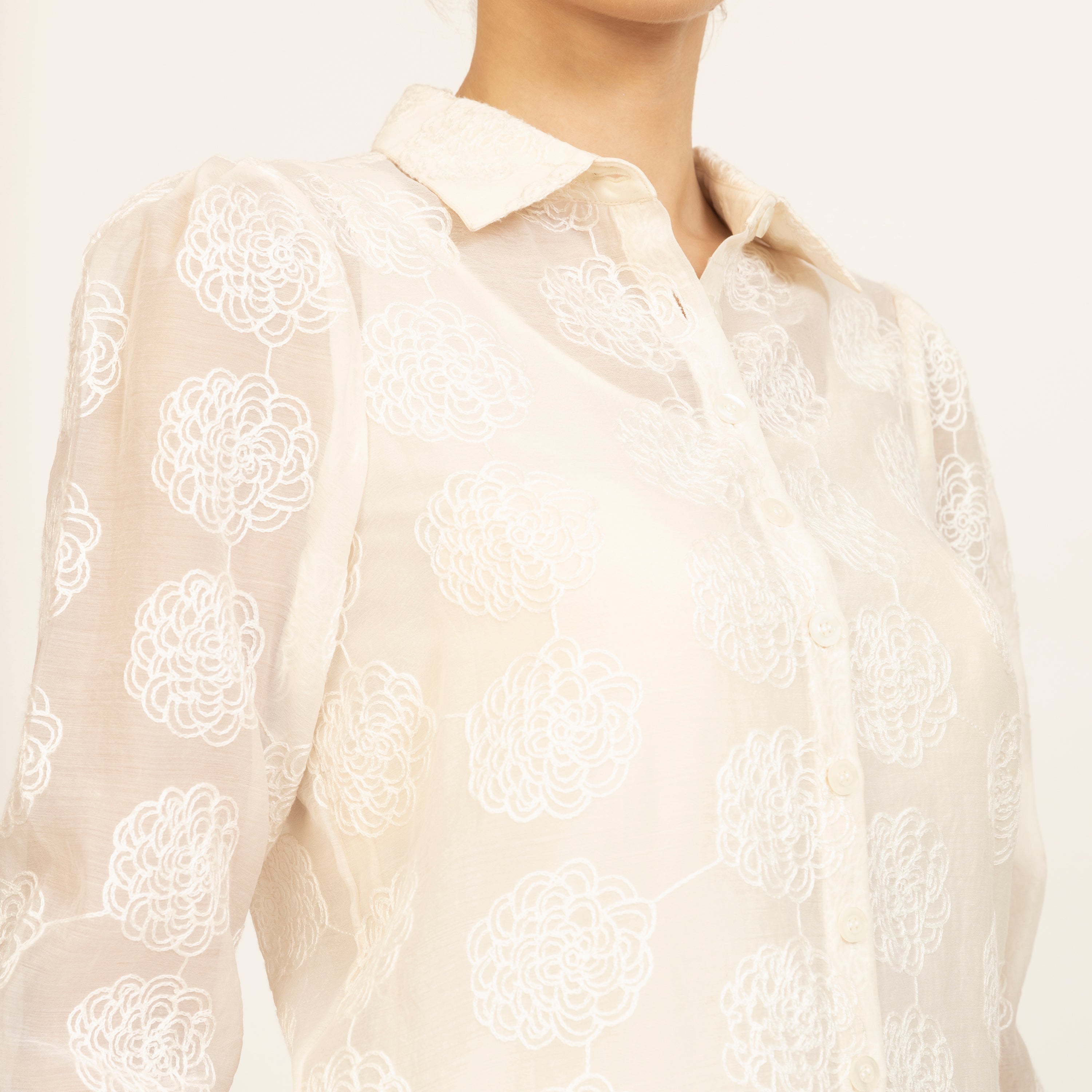Off White Floral Embroidered Shirt With Spaghetti, sleeve design, party wear tops, women tops, flower