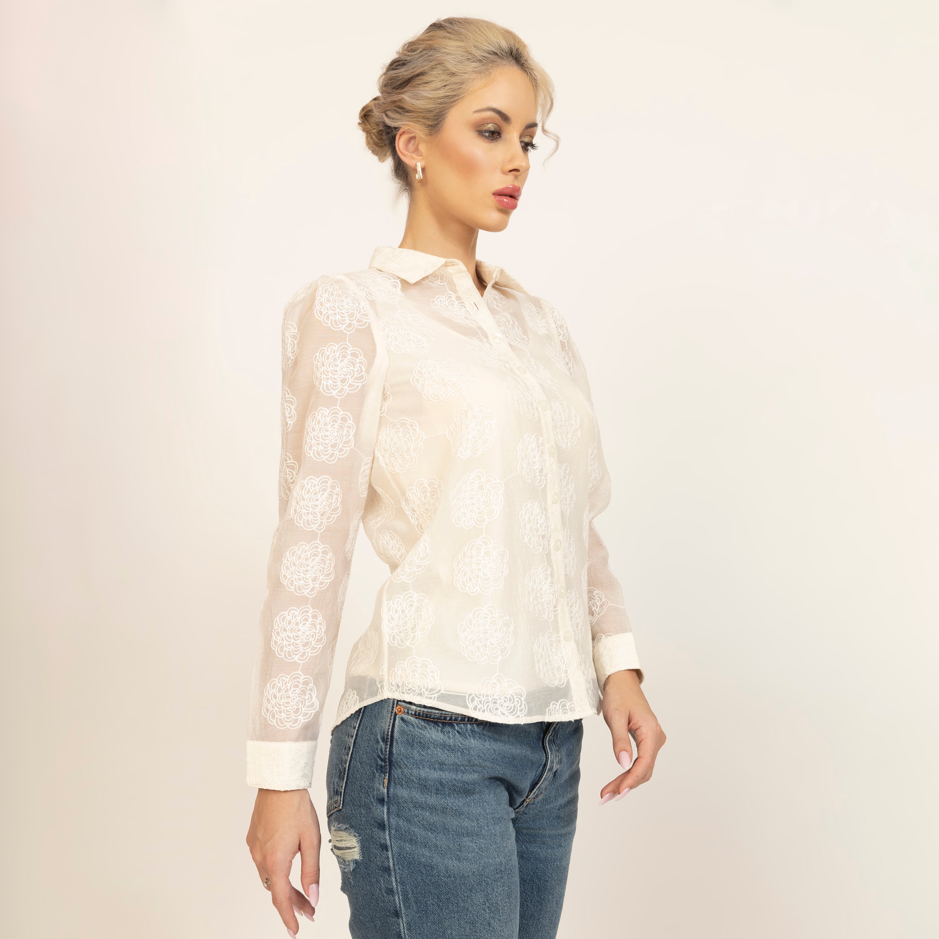 Off White Floral Embroidered Shirt With Spaghetti, sleeve design, party wear tops, women tops, flower