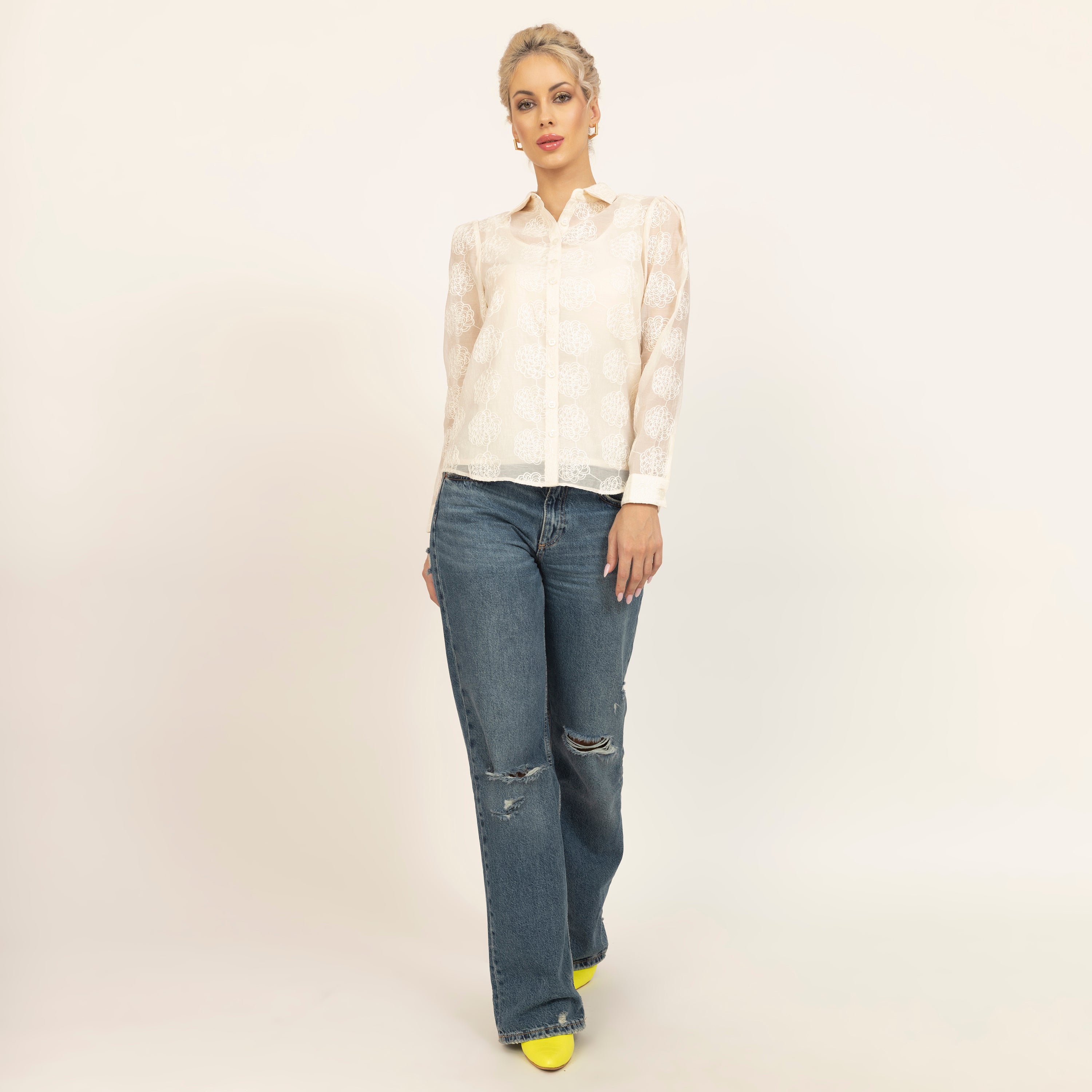 Off White Floral Embroidered Shirt With Spaghetti, sleeve design, party wear tops, women tops, flower