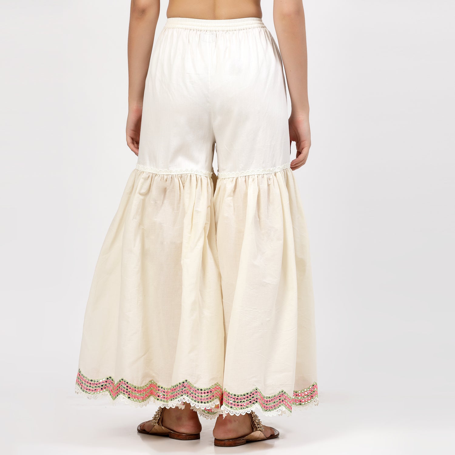Off White Glaze Cotton Sharara With Mirror Embroidery At Hem, women sharara, designs, women wear, occasional wear