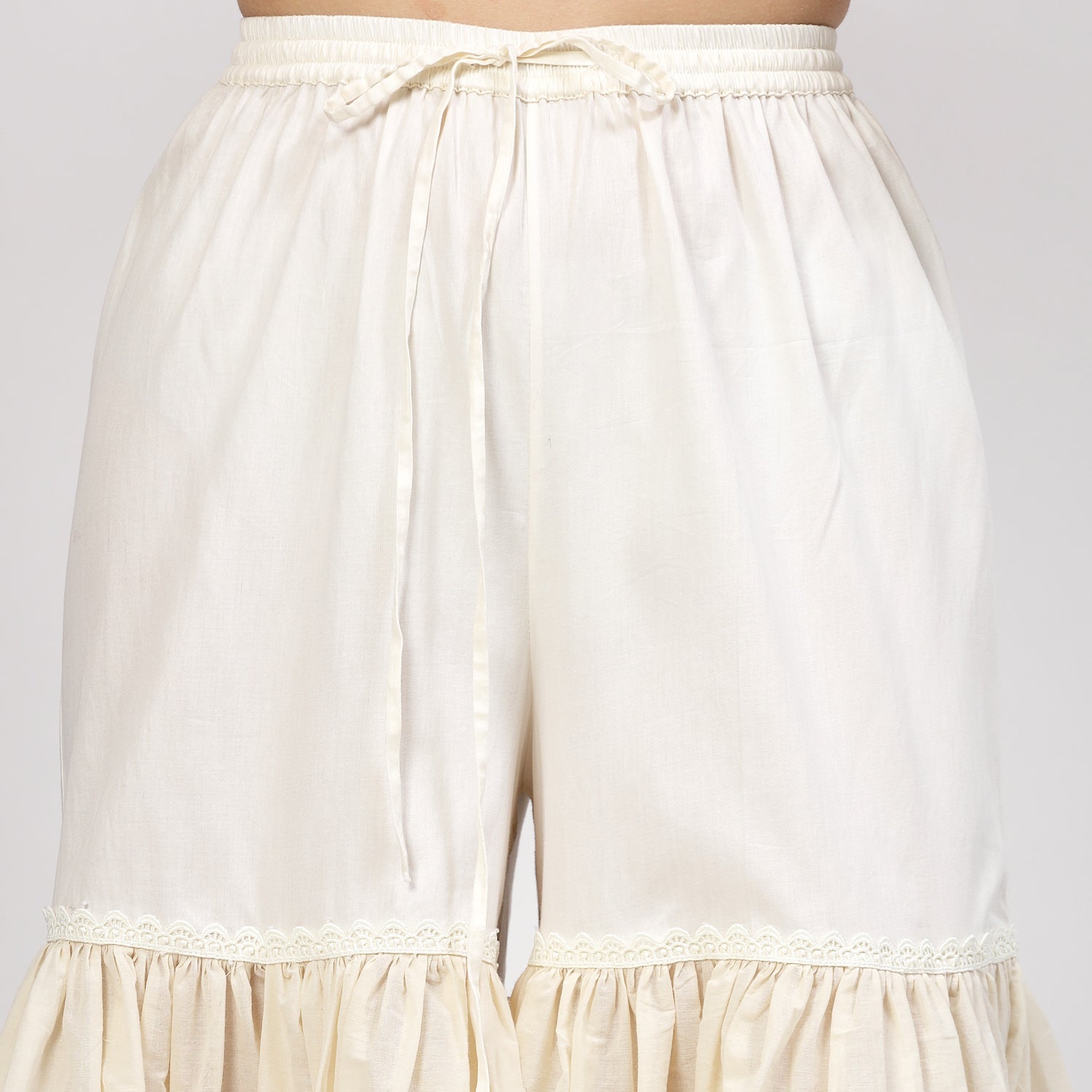 Off White Glaze Cotton Sharara With Mirror Embroidery At Hem, women sharara, designs, women wear, occasional wear