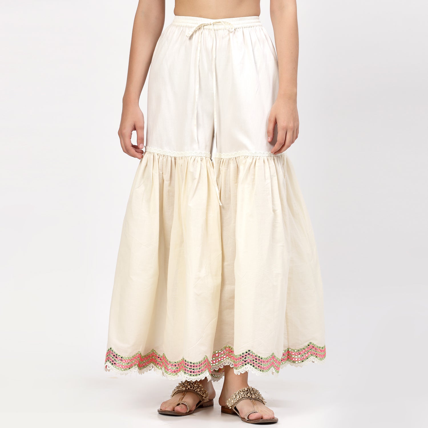Off White Glaze Cotton Sharara With Mirror Embroidery At Hem, women sharara, designs, women wear, occasional wear