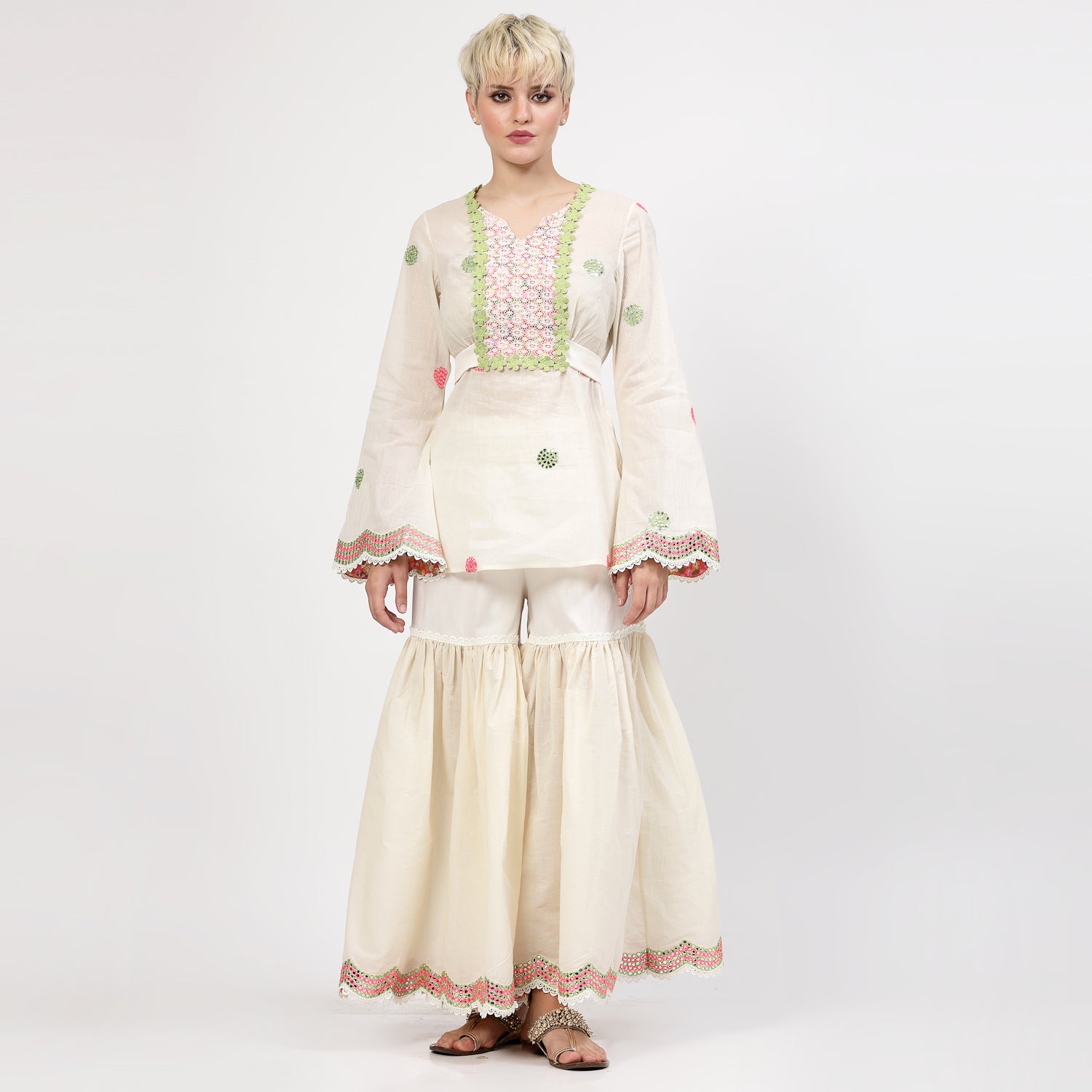 Off White Glaze Cotton Sharara With Mirror Embroidery At Hem, women sharara, designs, women wear, occasional wear