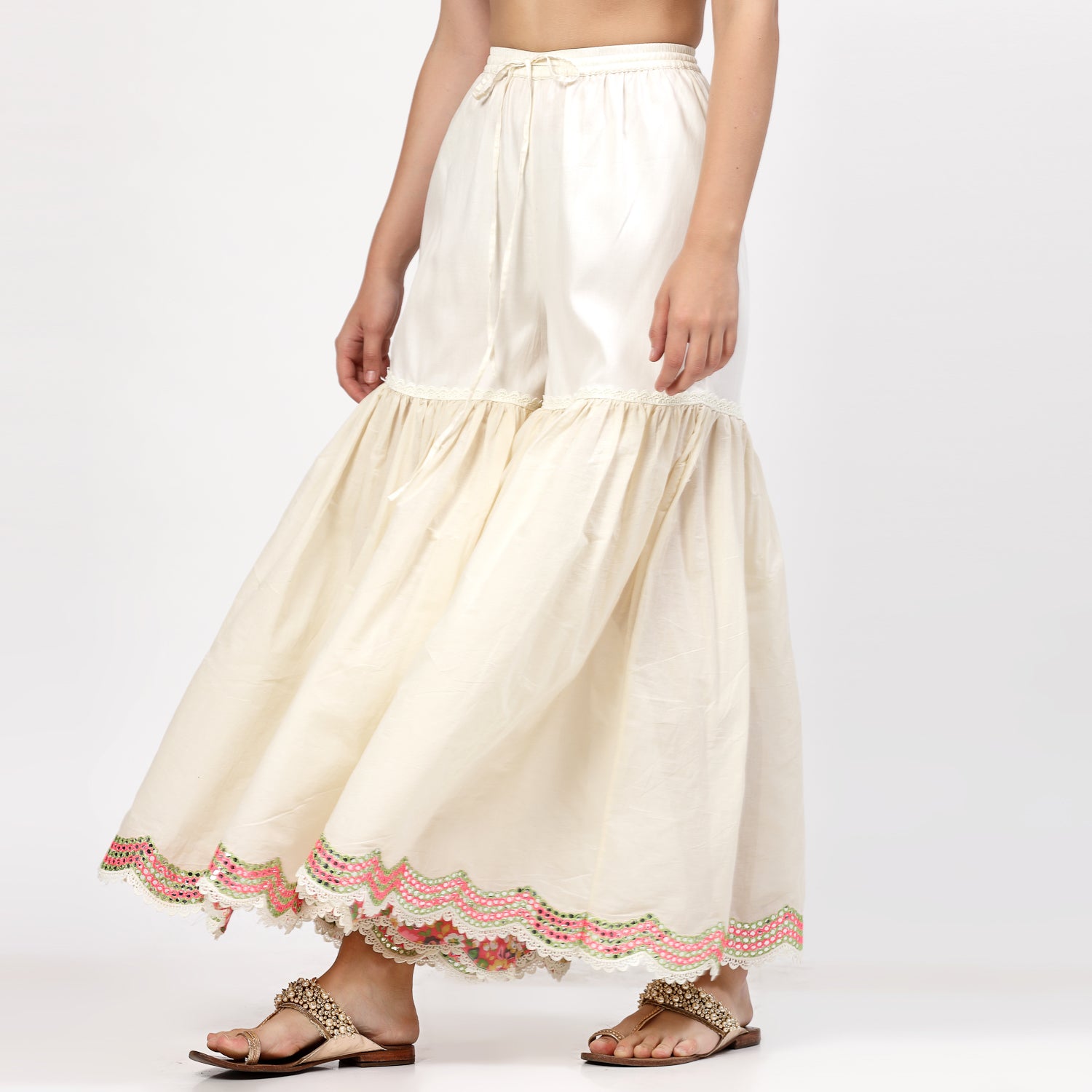 Off White Glaze Cotton Sharara With Mirror Embroidery At Hem, women sharara, designs, women wear, occasional wear