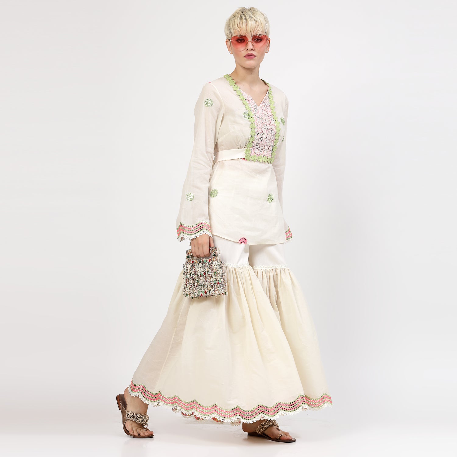 Off White Glaze Cotton Sharara With Mirror Embroidery At Hem, women sharara, designs, women wear, occasional wear