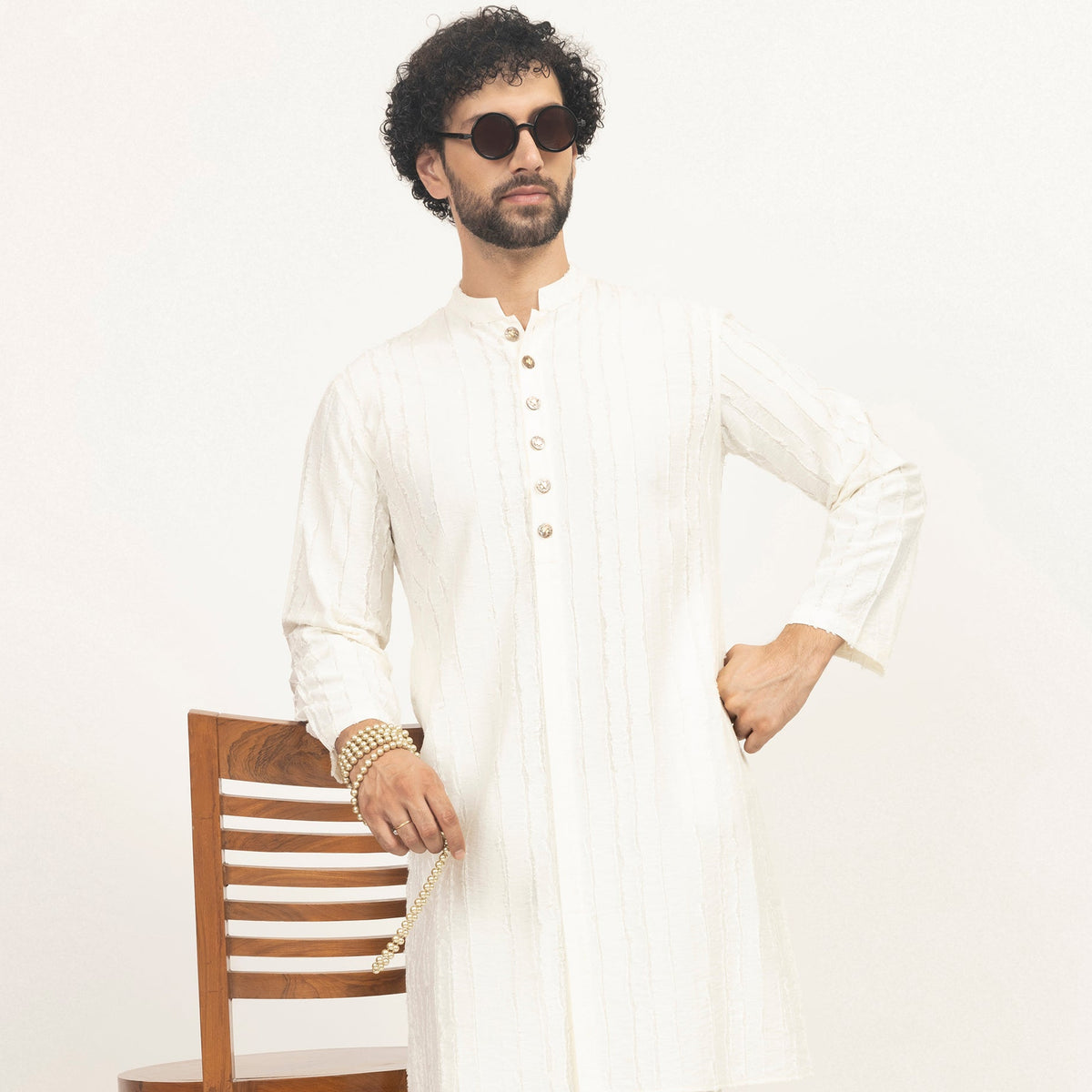Off White Patch Textured Kurta for Men-1