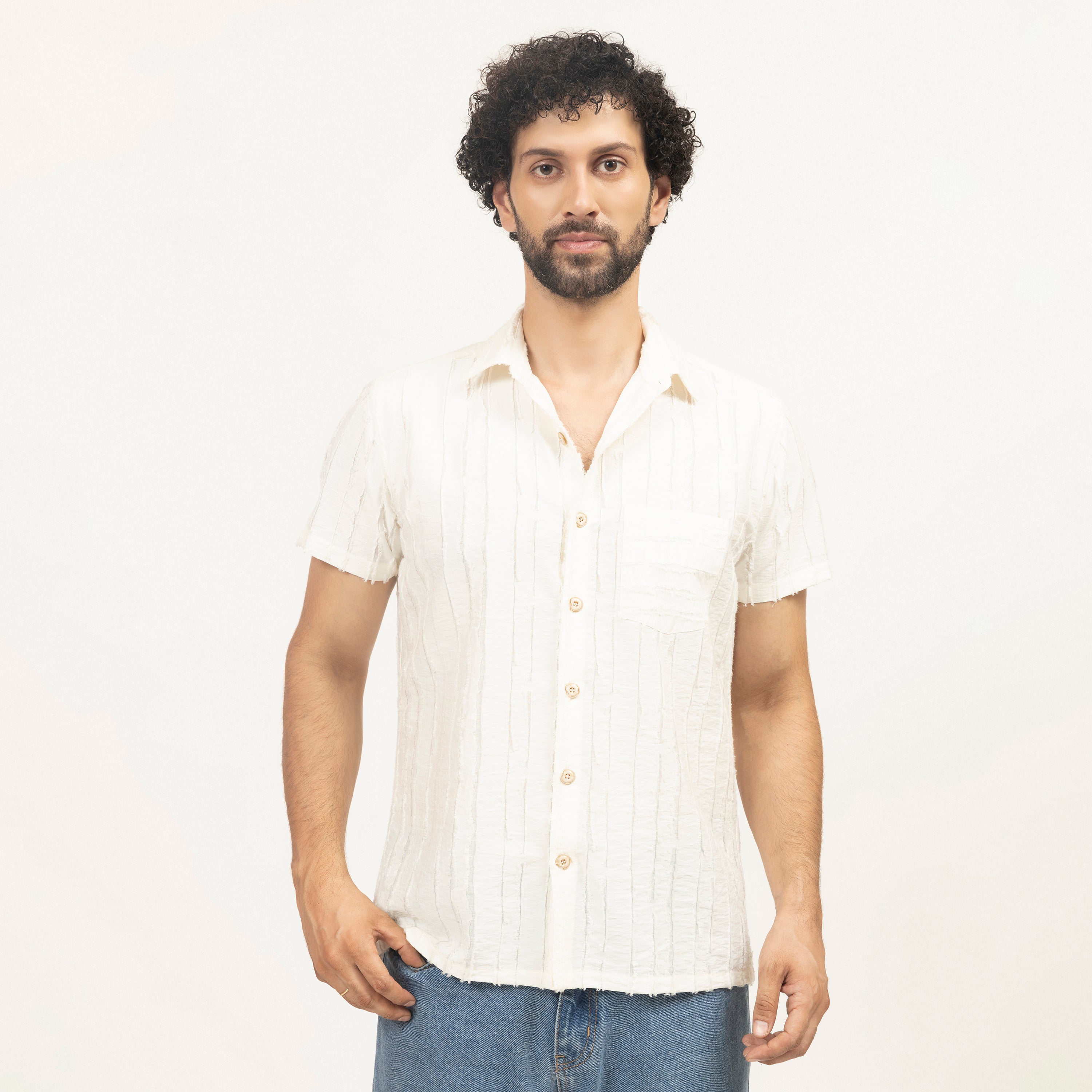 Off White Patch Textured Shirt, shirts for men, shirts, design, button, men shirts, color 