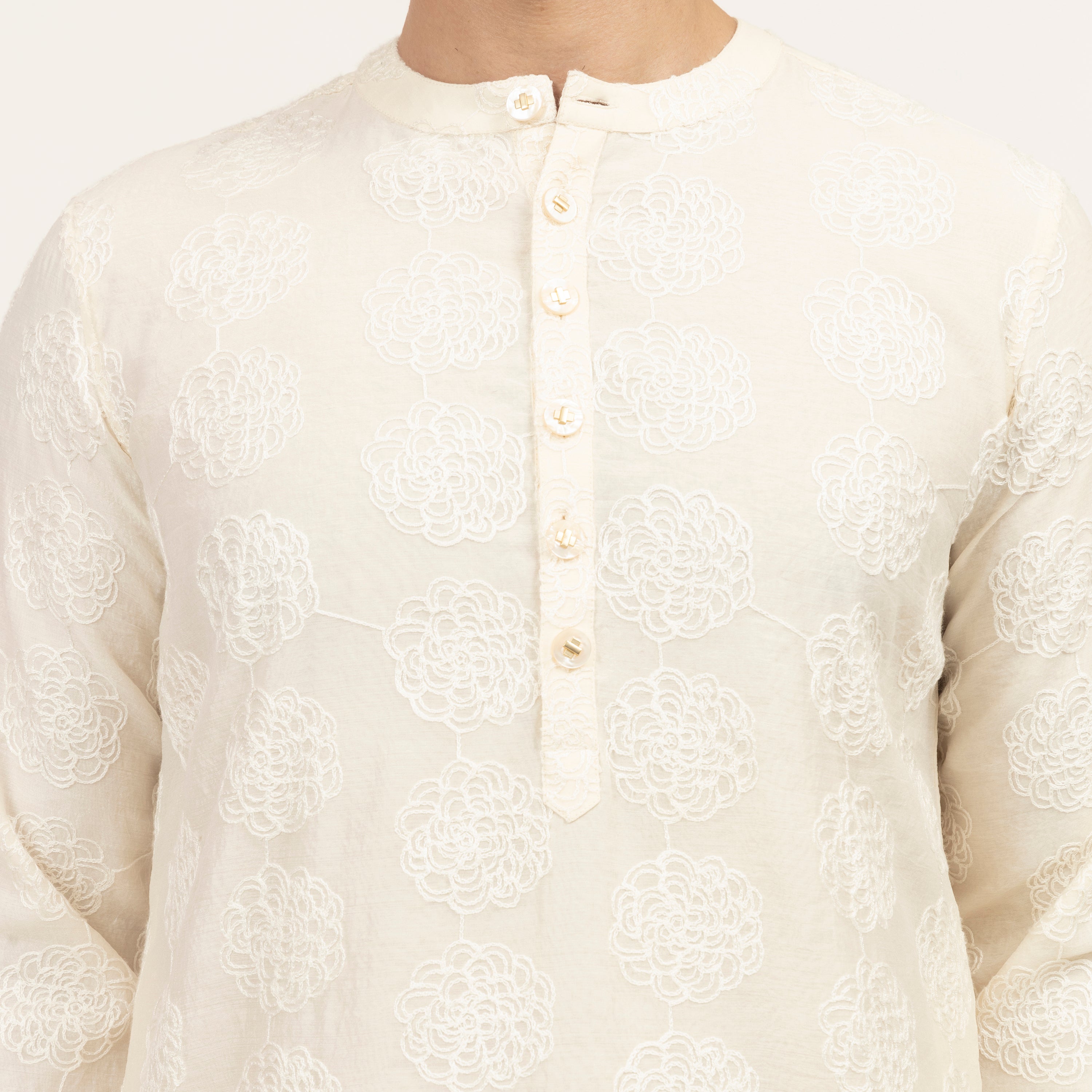 Off White Silk Kurta With Floral Embroidery, designs, men kurta, party wear kurta for men, color 