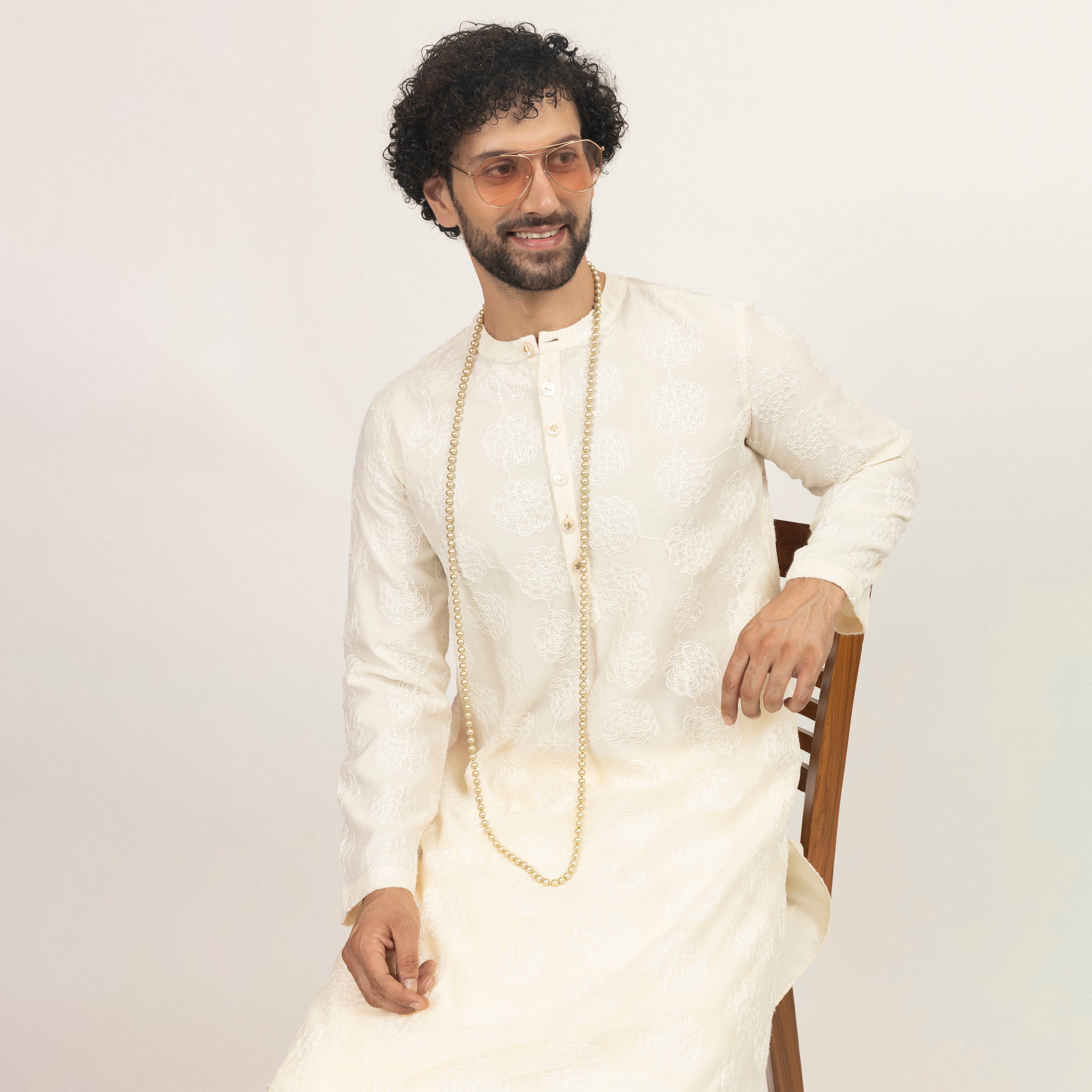 Off White Silk Kurta With Floral Embroidery, designs, men kurta, party wear kurta for men, color 