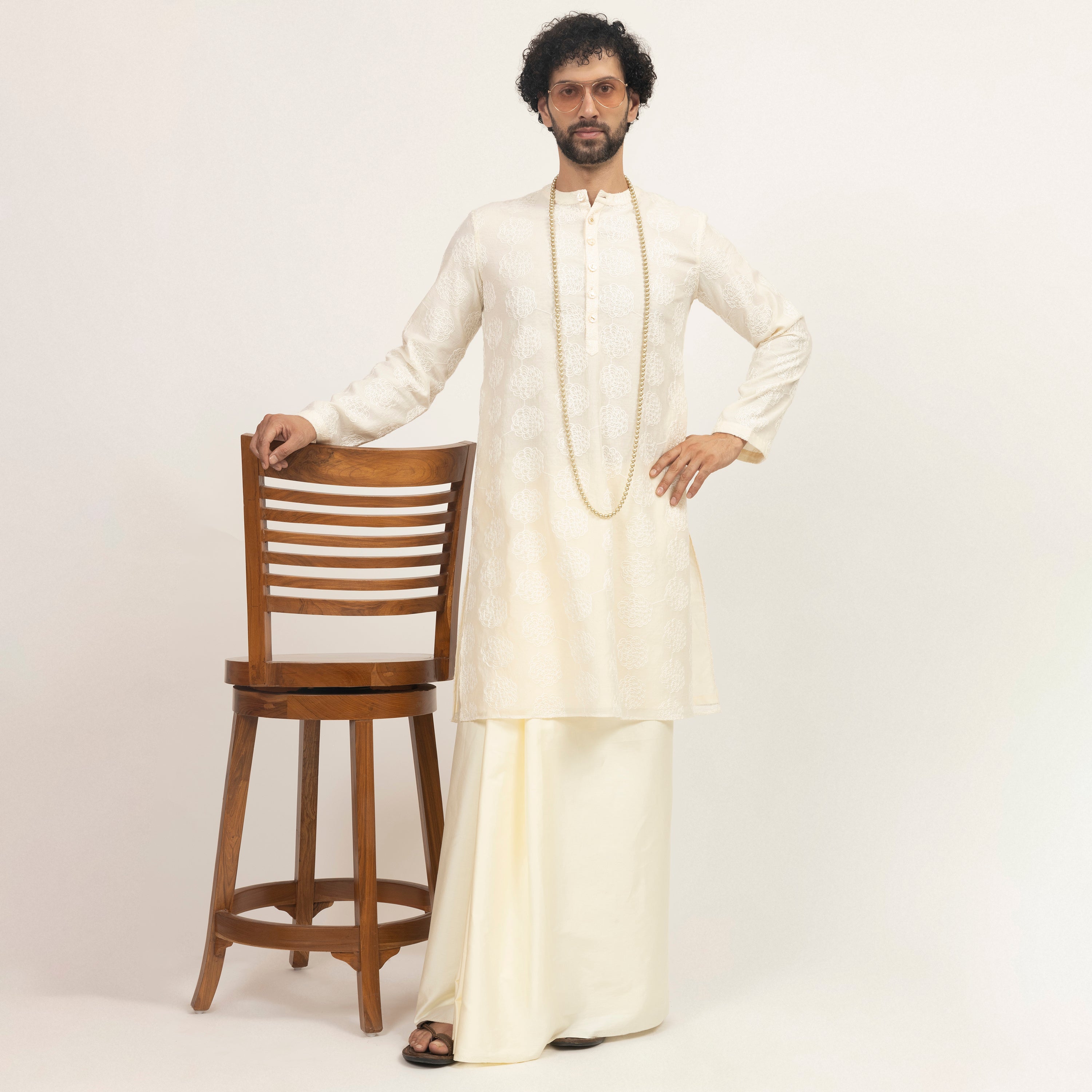 Off White Silk Kurta With Floral Embroidery, designs, men kurta, party wear kurta for men, color 