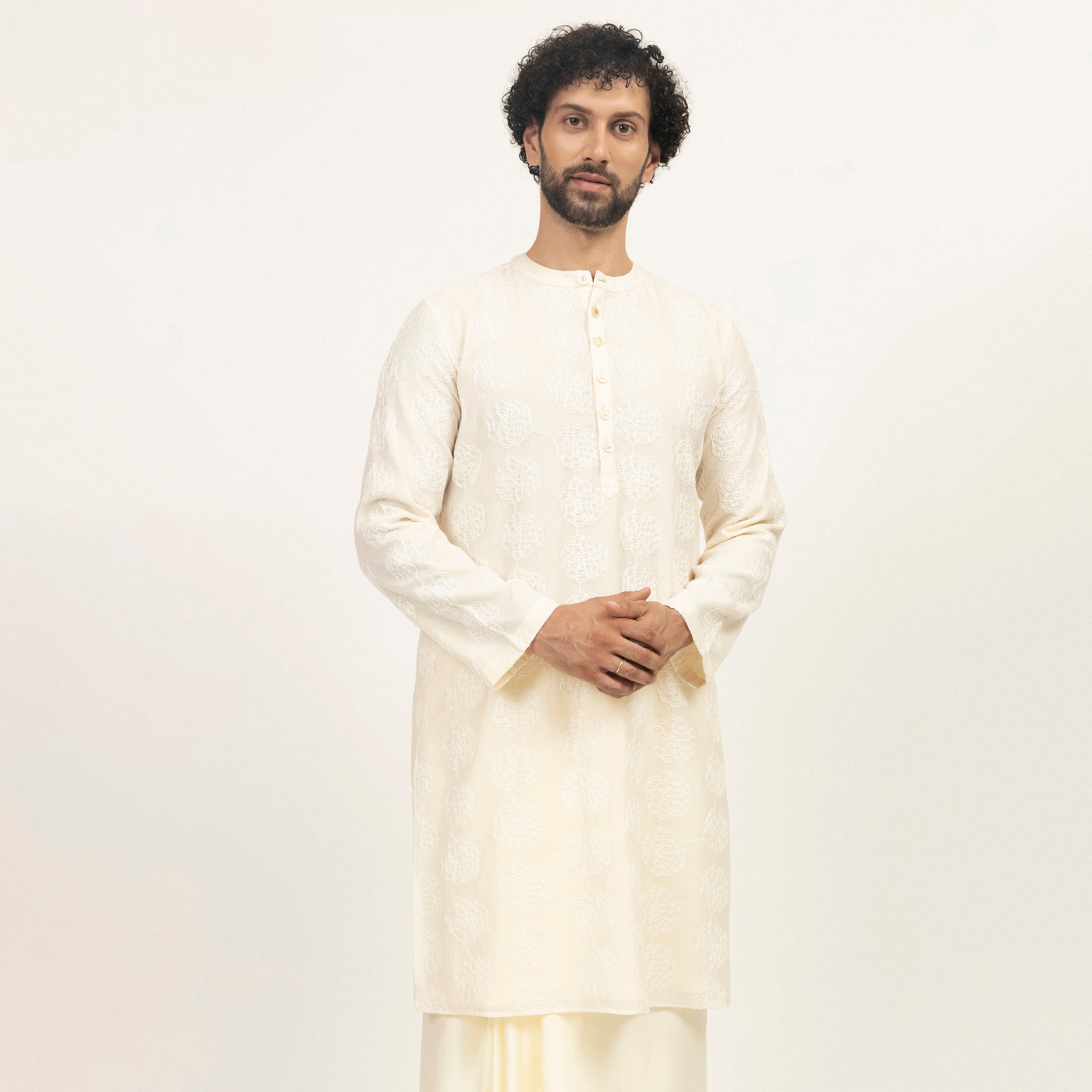 Off White Silk Kurta With Floral Embroidery, designs, men kurta, party wear kurta for men, color 