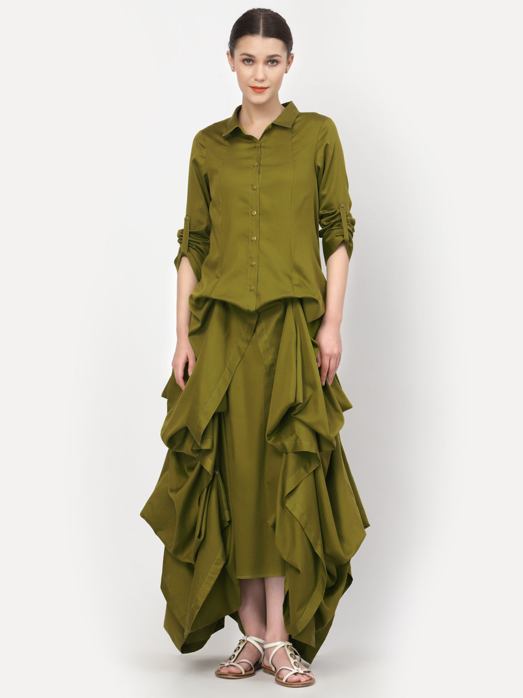 Buy Olive Cotton Drape Dresses for Female-7