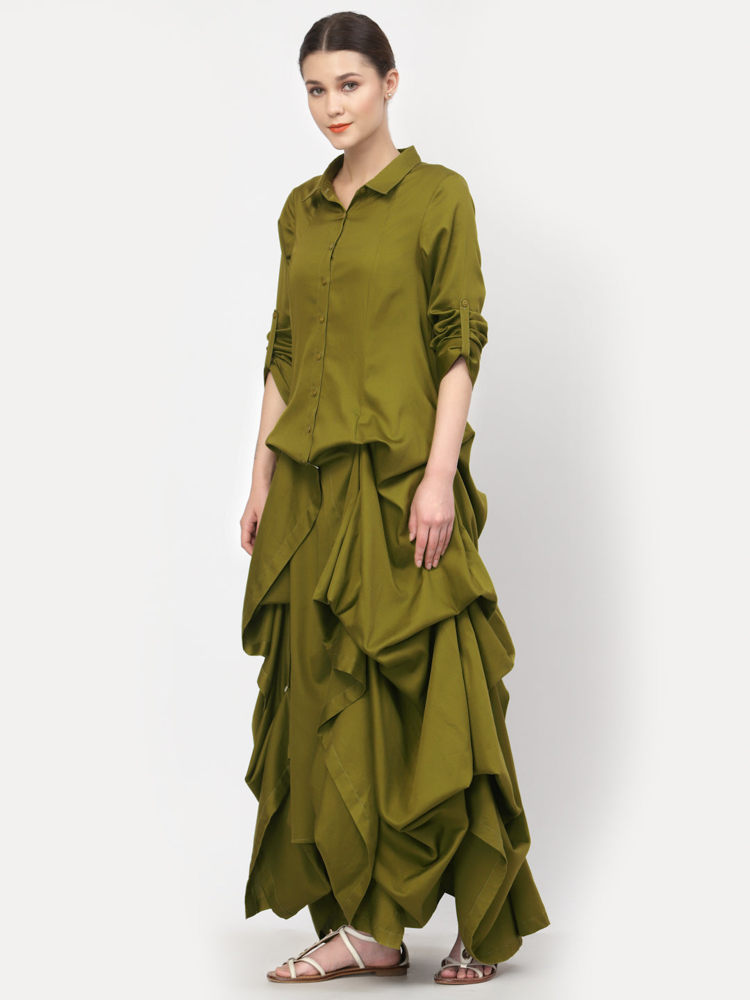 Buy Olive Cotton Drape Dresses for Female-1