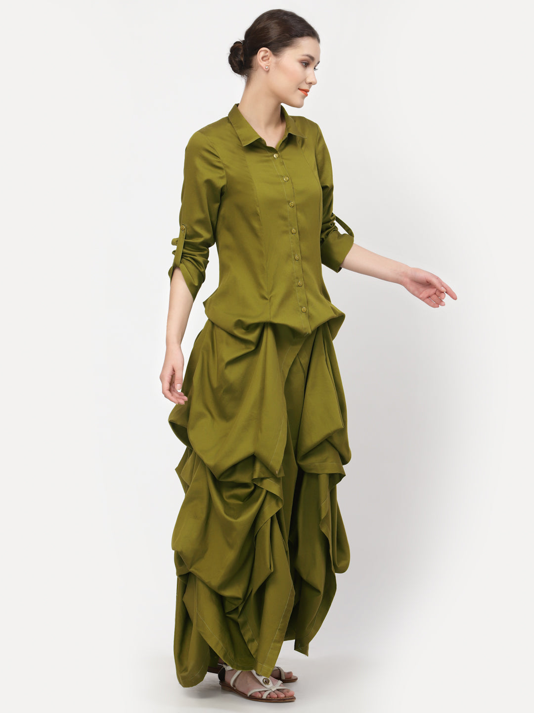 Buy Olive Cotton Drape Dresses for Female-2