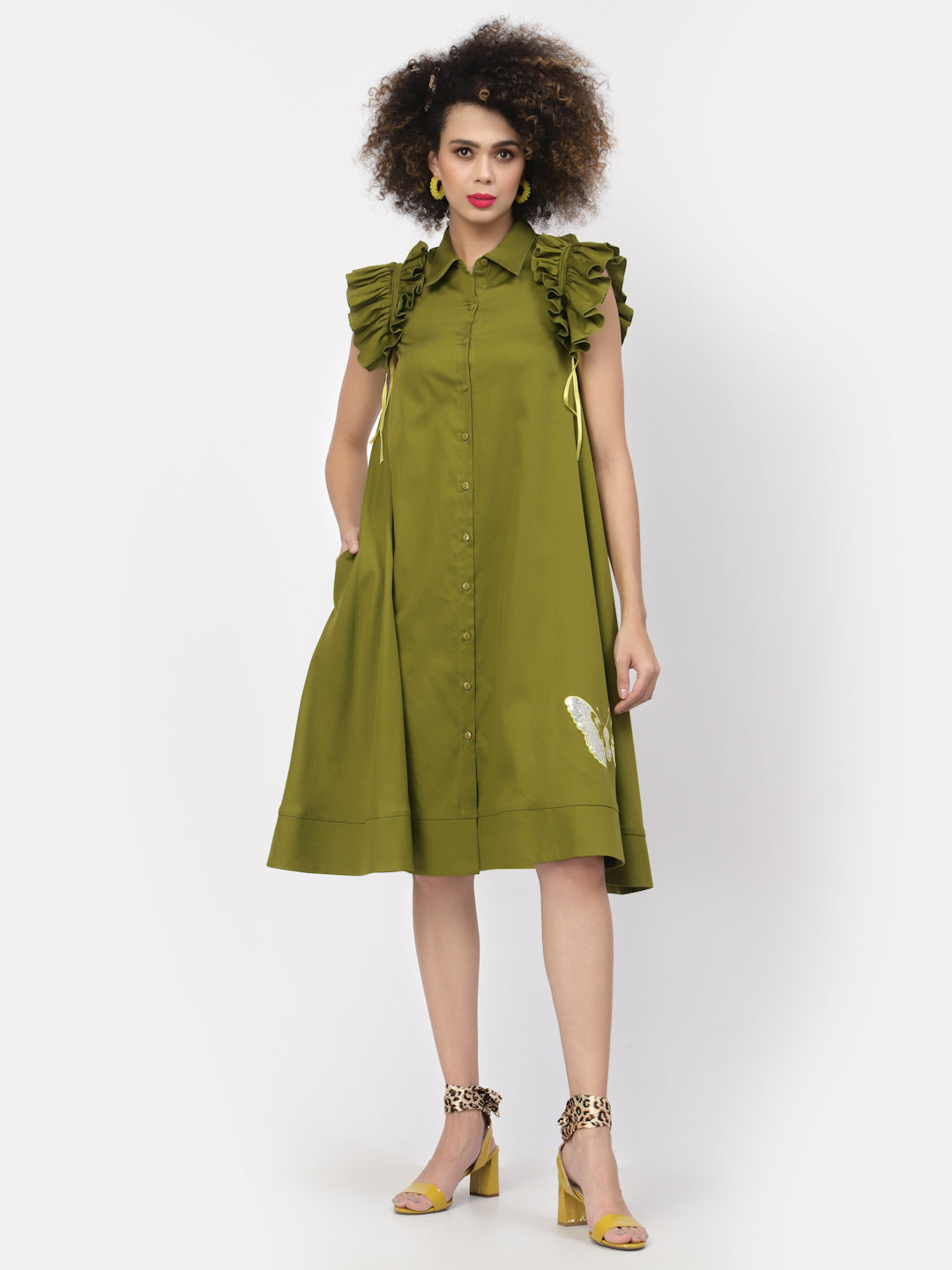 Olive Dress With Golden Butterfly Embroidery, Mesh Dress , Party dress , Holographic print dress , sequins dress
