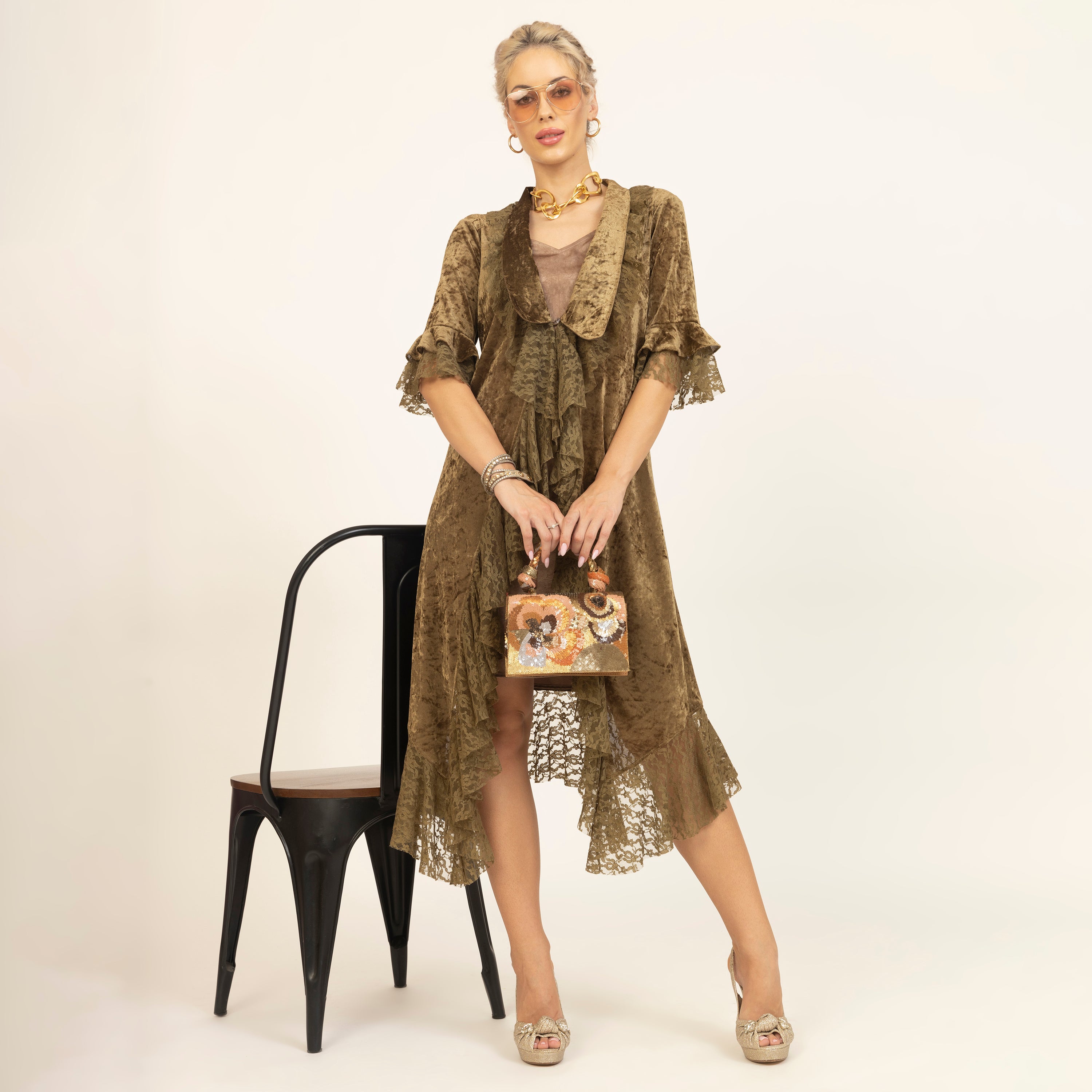 Olive Green Velvet Long Shrug With Lace, dress for women, women dress, sleeve design, one piece dress