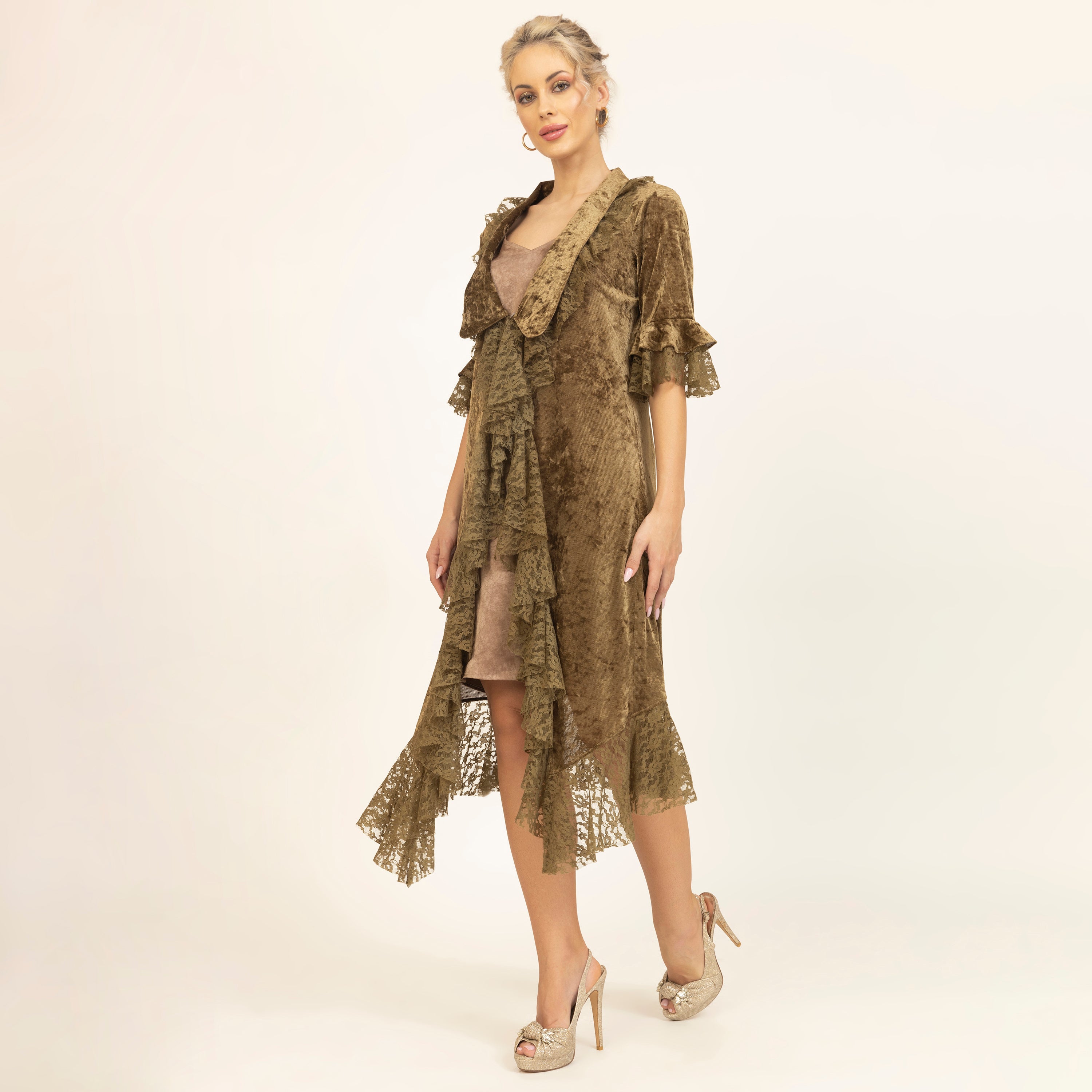 Olive Green Velvet Long Shrug With Lace, dress for women, women dress, sleeve design, one piece dress