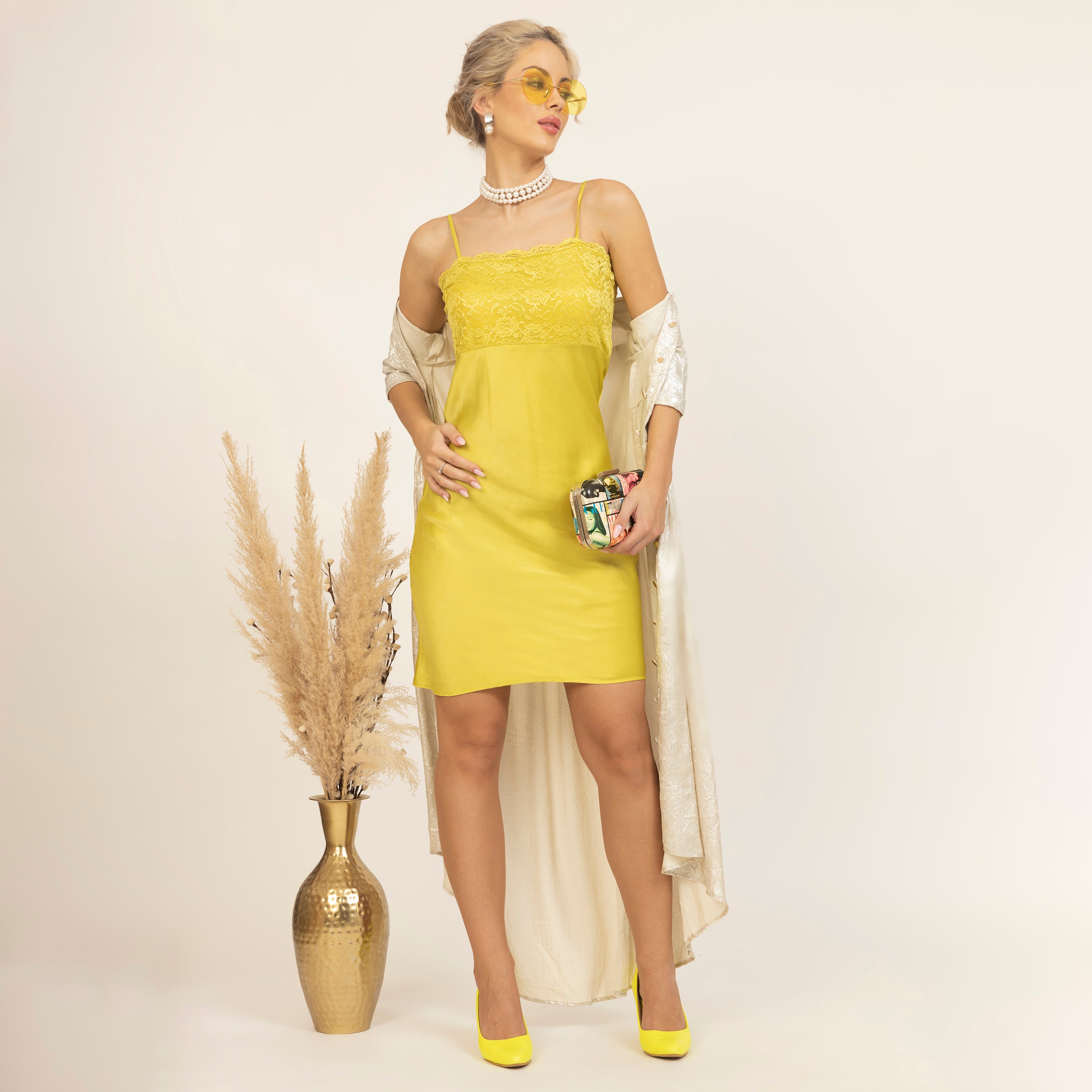 Olive Satin Spaghetti Dress for Ladies