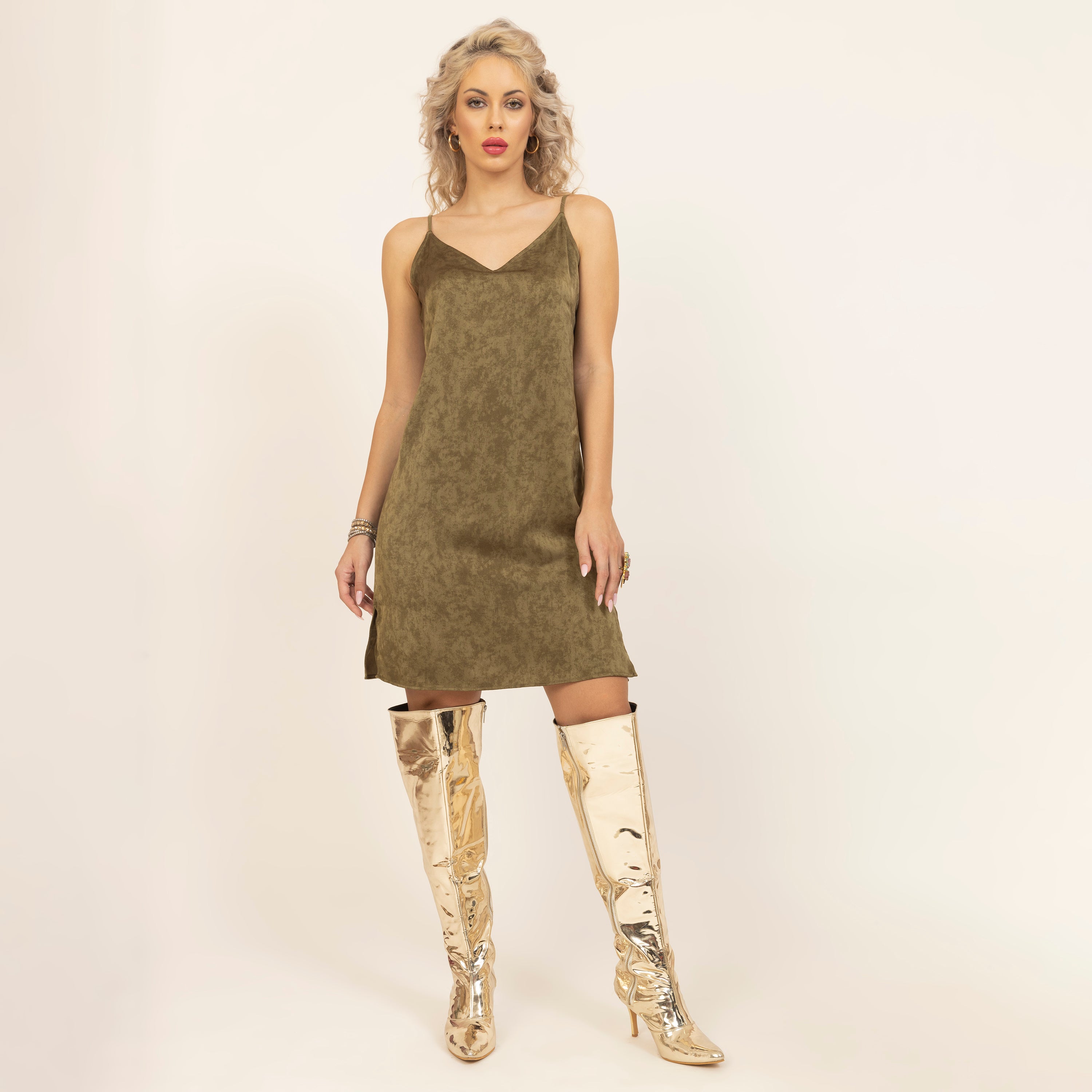 Olive Satin Spaghetti Women Dress