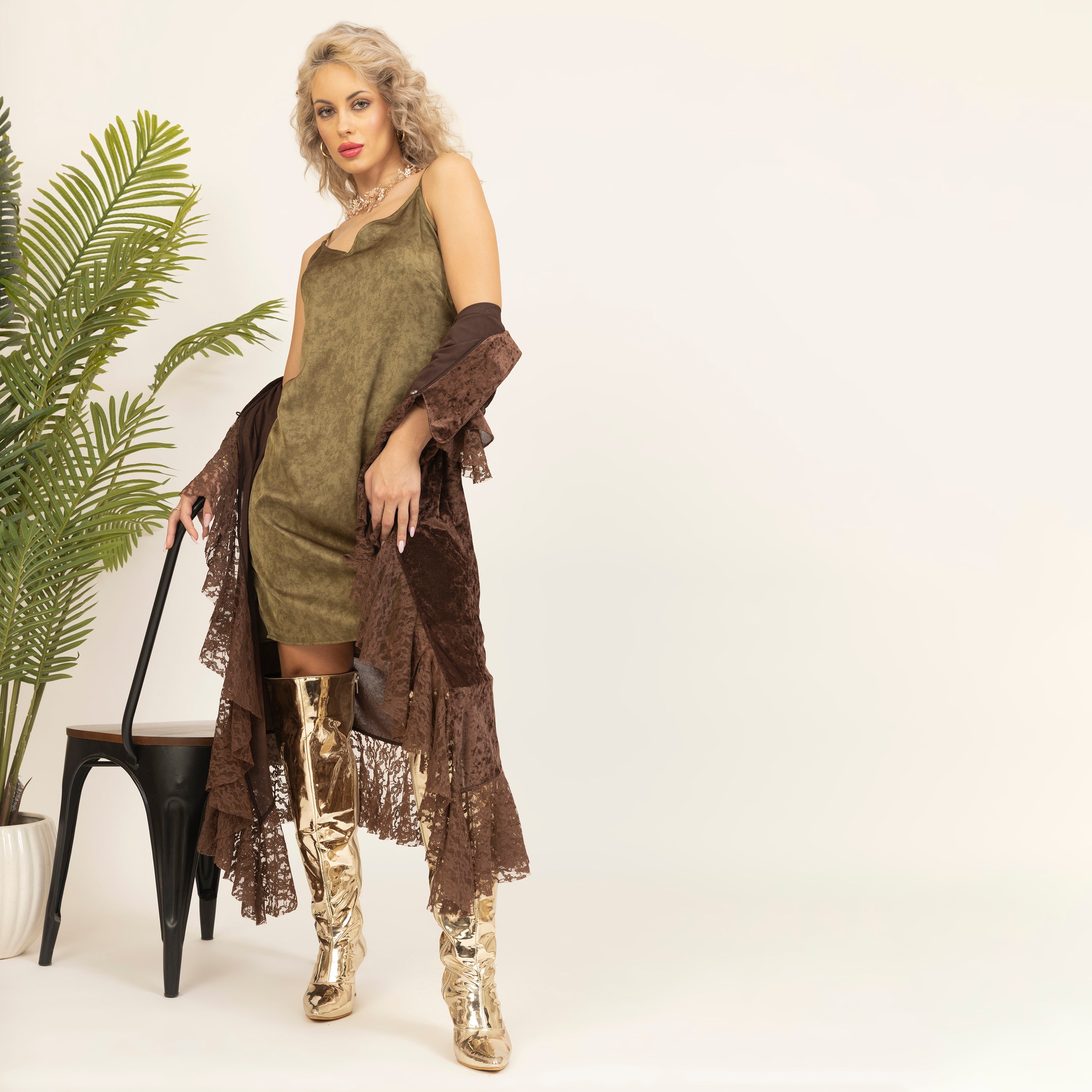 Brown Velvet Long Shrug with Lace-13