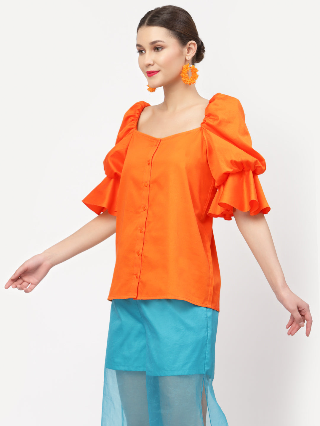 Orange Cotton Top With Puff Sleeves, tops for women, crop top, crop tops for women, organza tops